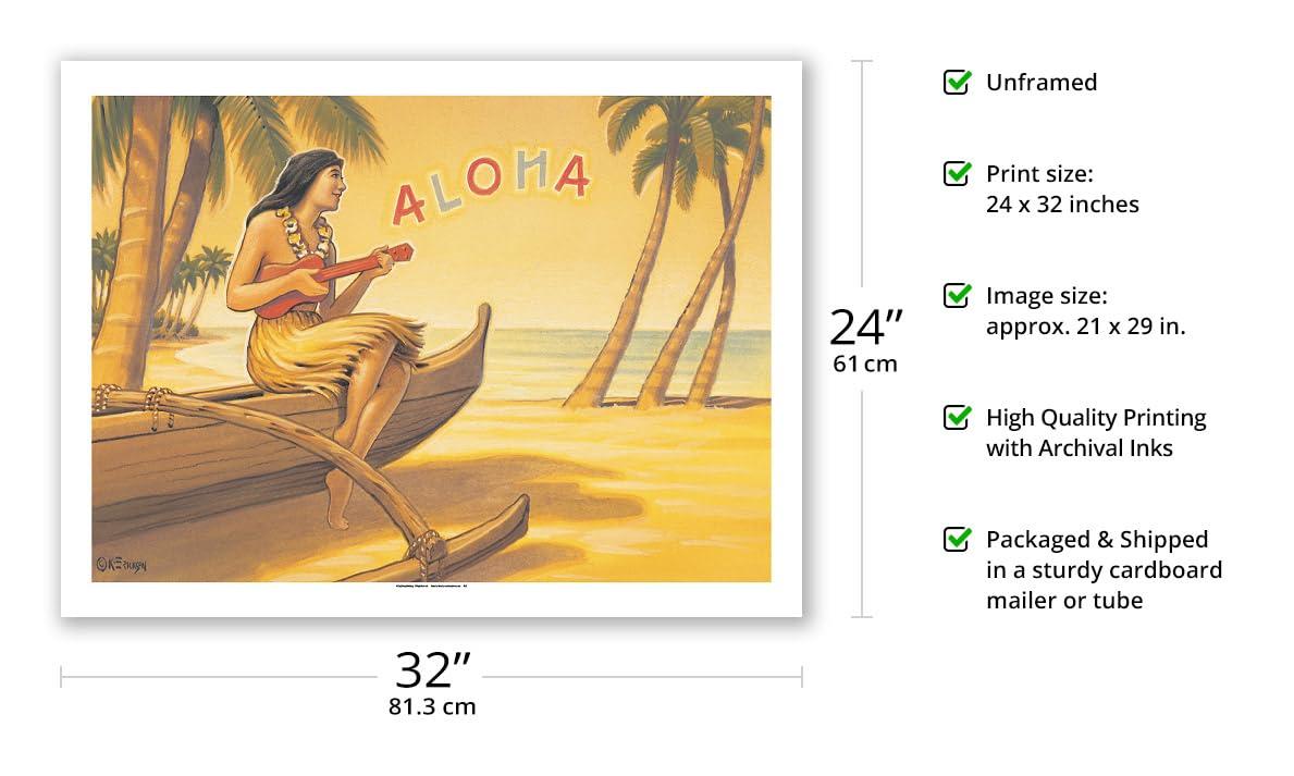 Pacifica Island Art Aloha Serenade - Hawaii Ukulele Hula Girl - Vintage Hawaiian Travel Poster by Kerne Erickson - Bamboo Fine Art 290gsm Paper Print (Unframed) 24x32in