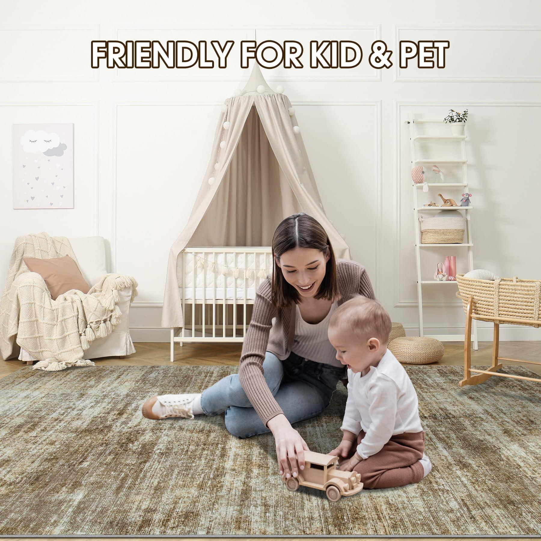 Tosuoka Area Rug 9x12 Washable Rugs: Abstract Large Living Room Rugs with Non-Slip Backing, Thin Carpet for Dining Room Table Bedroom Nursery Indoor Home Office-Brown