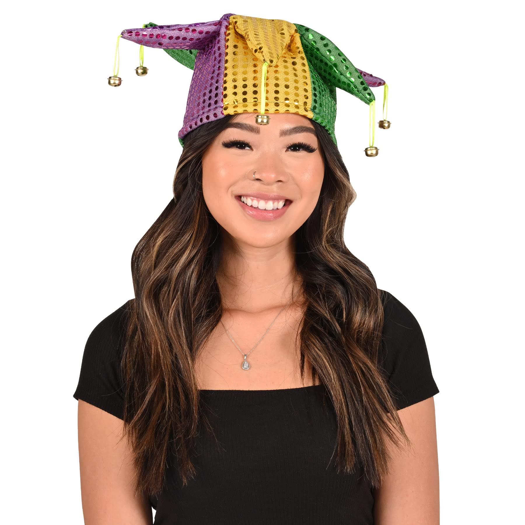 Beistle Beistle Glitz \'N Gleam Jester Hats, 3 Pack, Sequined Mardi Gras Costume Headwear with Bells in Green Gold and Purple for New Orleans Parties and Festive Celebrations