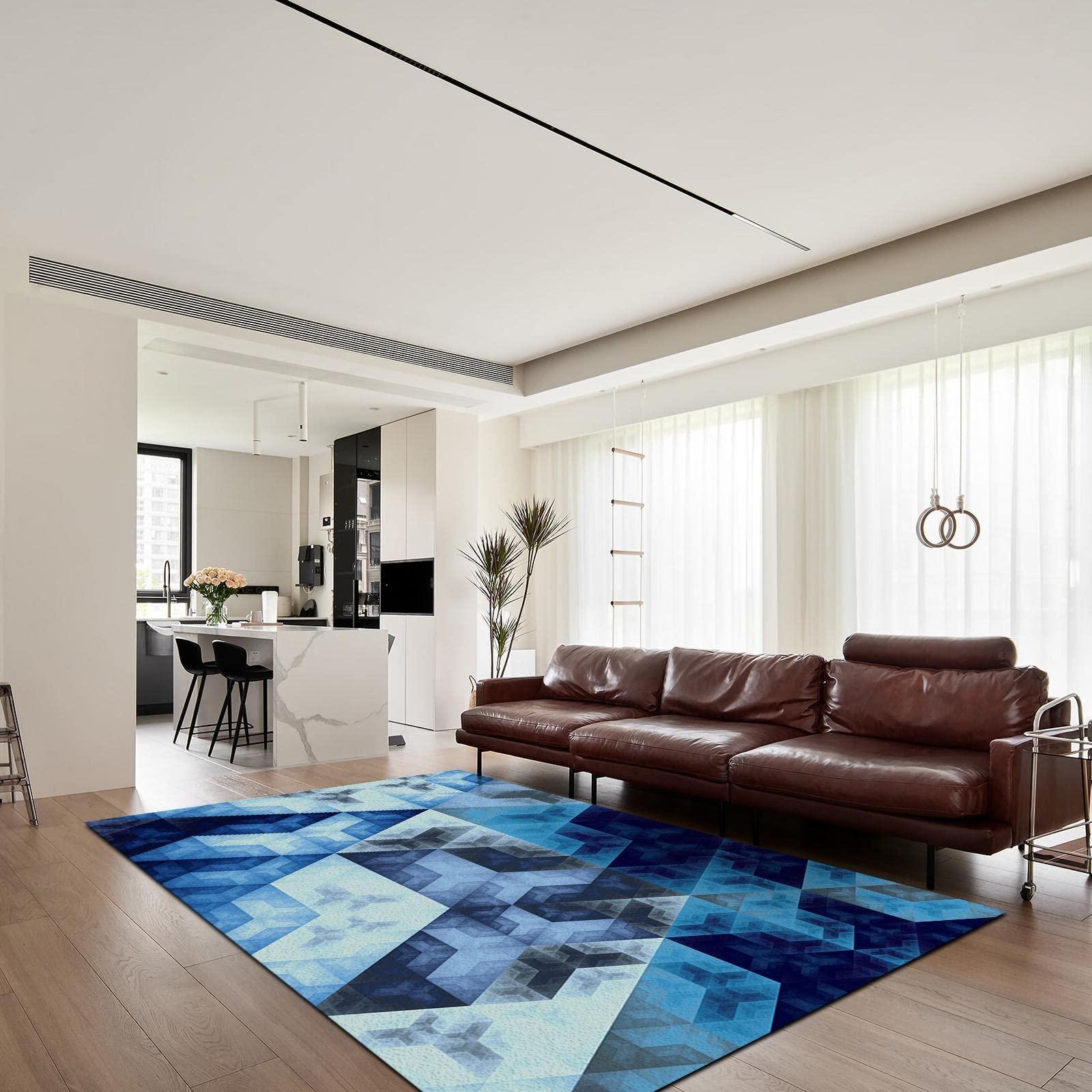 HomeLoft Basics Nordic White and Blue Square Geometry Rug for Bedroom, Luxury Blue Gradient Design Rugs for Living Room, Soft Cozy Breathable Non-Slip Throw Rugs for Office Dining Table Sofa, 5.3x6.6ft