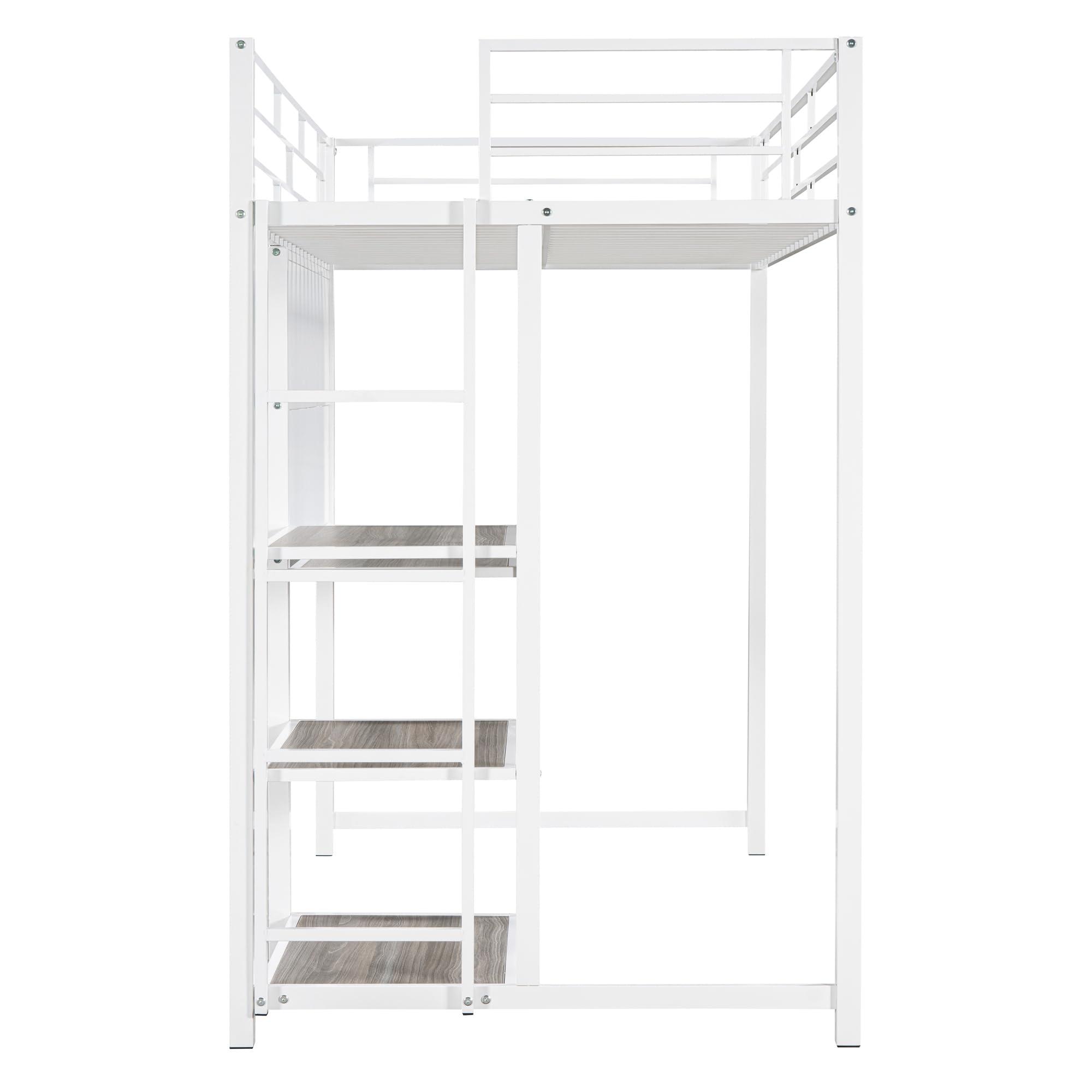VilroCaz VilroCaz Twin Size Loft Bed with Desk and Whiteboard, Heavy Duty Metal Loft Bed Frame with 3 Shelves and Full-Length Guardrail for Bedroom Guest Room Apartment, Maximized Space (at-White)