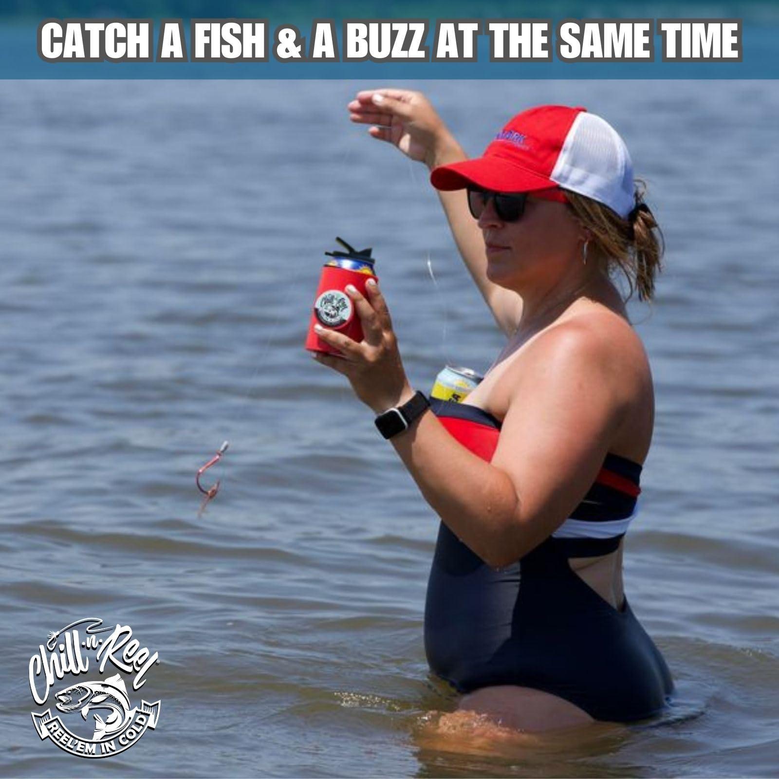 Chill-N-Reel Chill-N-Reel Fishing Can Cooler (from Shark Tank) | Hard Shell Drink Holder with Hand Line Reel Attached | Fits Standard Insulator Sleeves or Coozies | Unique Fun Fishing Gift (Crimson & Spill Guard)
