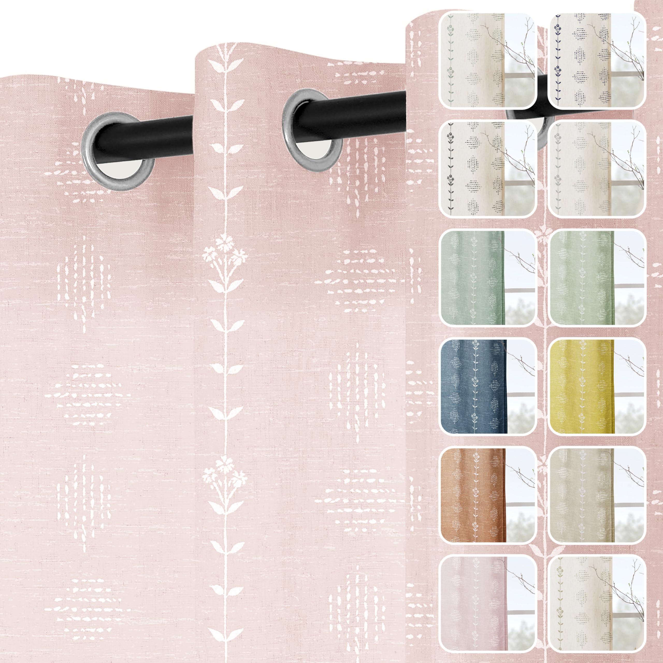 Lino Rosa Pink Curtains 2 Panels,Sheer Floral Linen Boho Blush Curtains for Bedroom Living Room 84 Inches Long