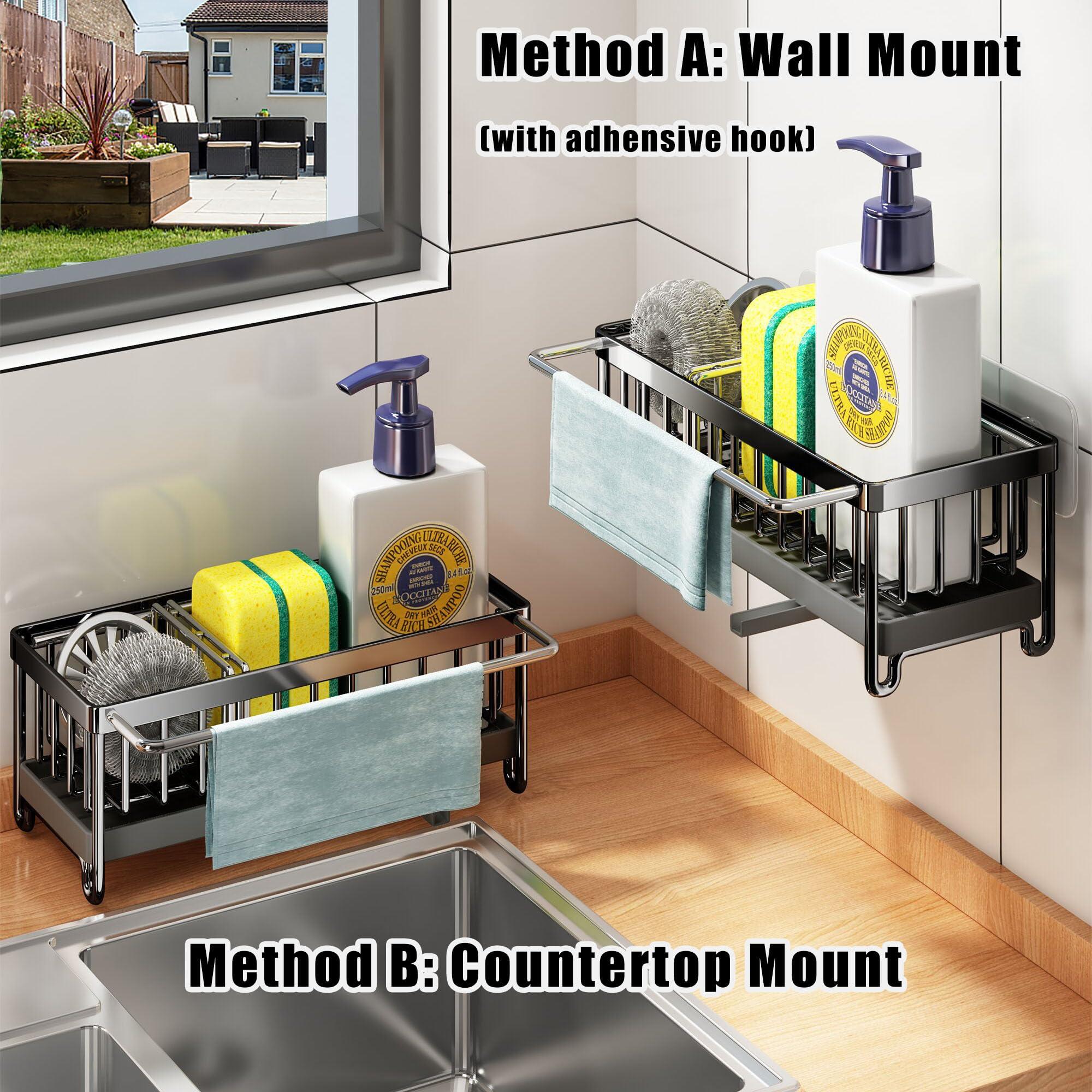 Biridict Sponge Holder for Kitchen Sink, Kitchen Sink Caddy, Dish Sponge Organizer with Divider, Dish Soap Dispenser Brush Holder Storage (Black Large)