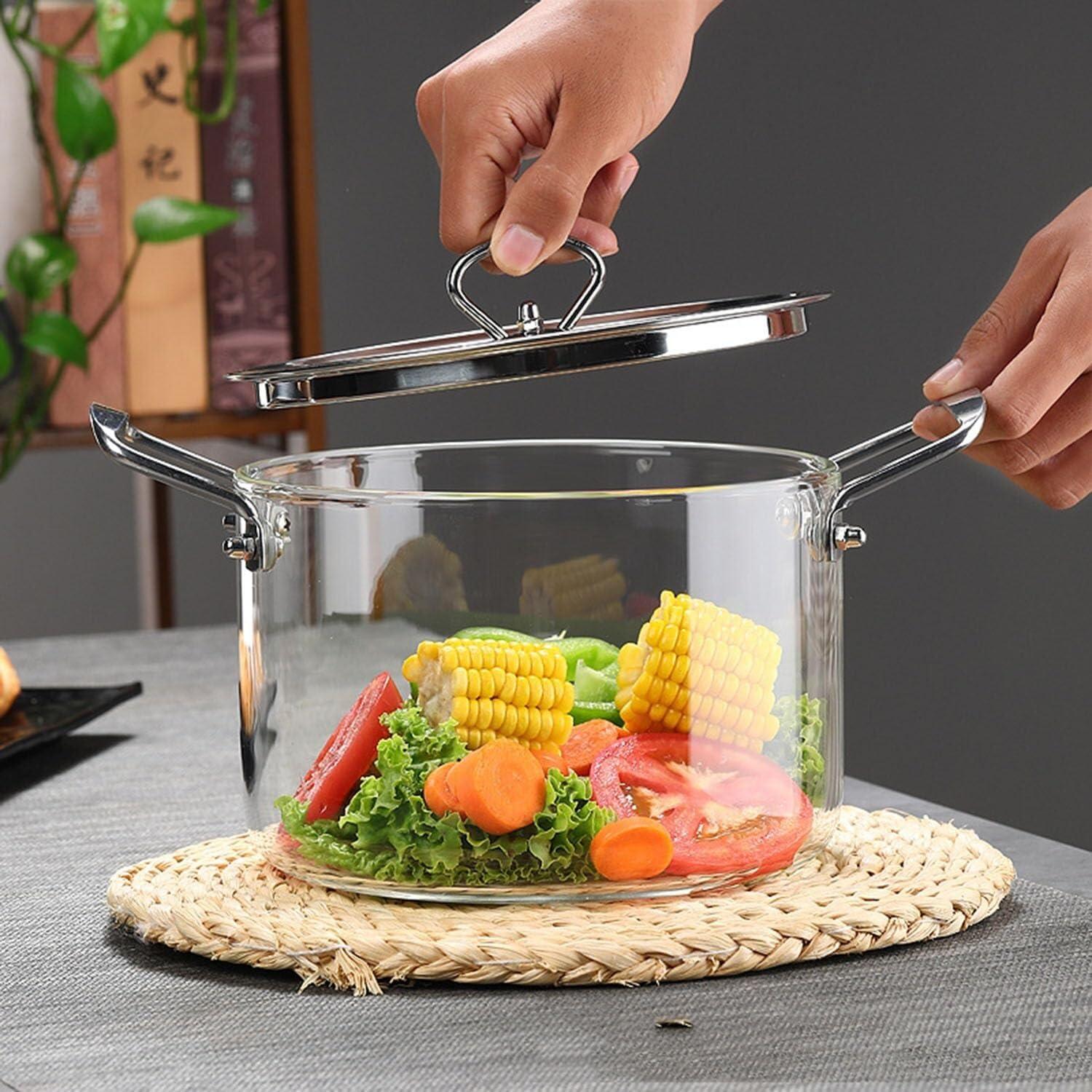 Wcxixo Clear Glass Pots for Cooking on Stove, Transparent Borosilicate Stovetop Cooking Pot with Lid and Handle Nonstick Sauce Pot for Noodles Chocolate Stockpots