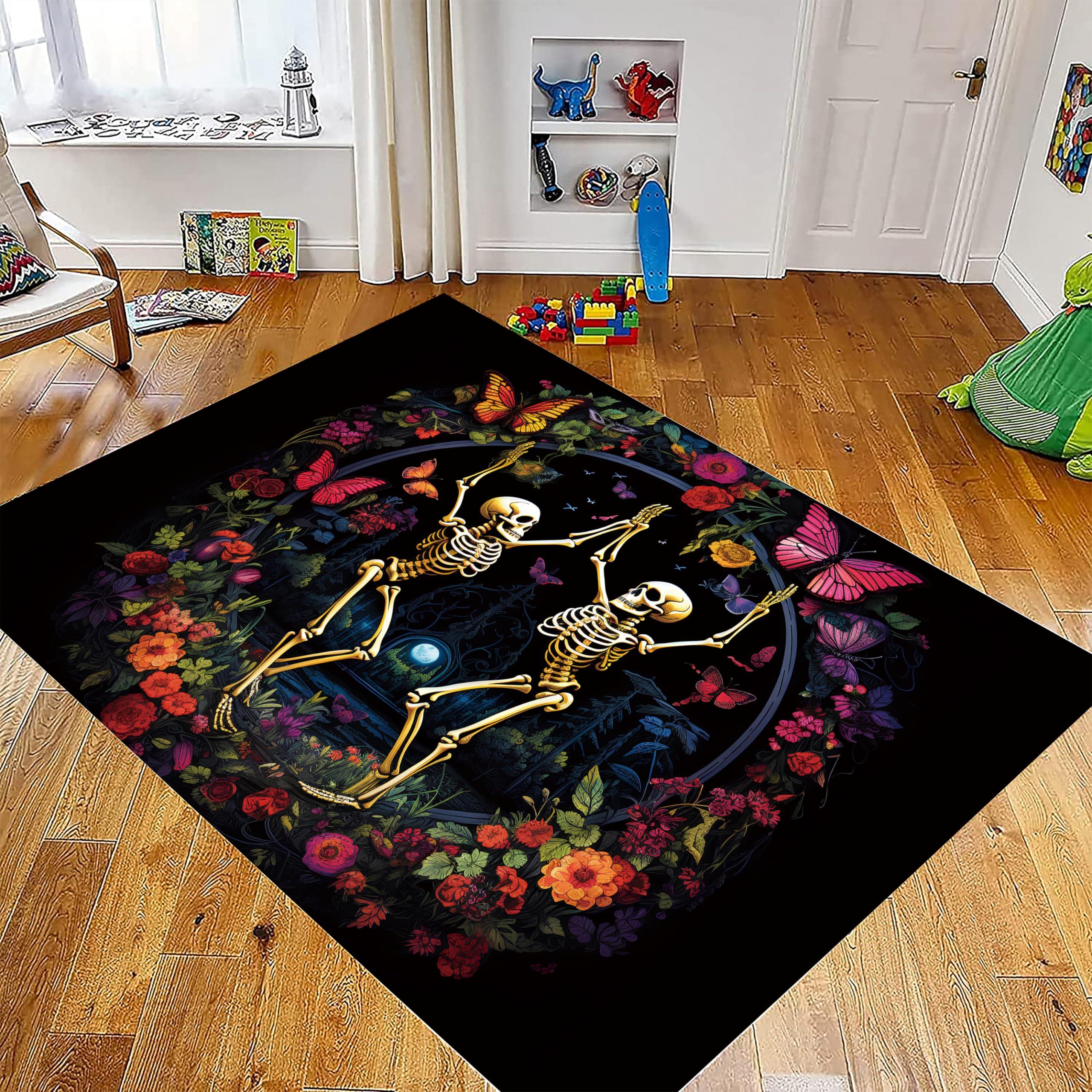 RUGROOM RUGROOM Skeleton Area Rug Butterfly Garden Dancing Skull Print Non-Slip Washable Floor Mat Modern Floral Rug for Living Room Bedroom Haunted House Halloween Botanical Rugs 4x6ft