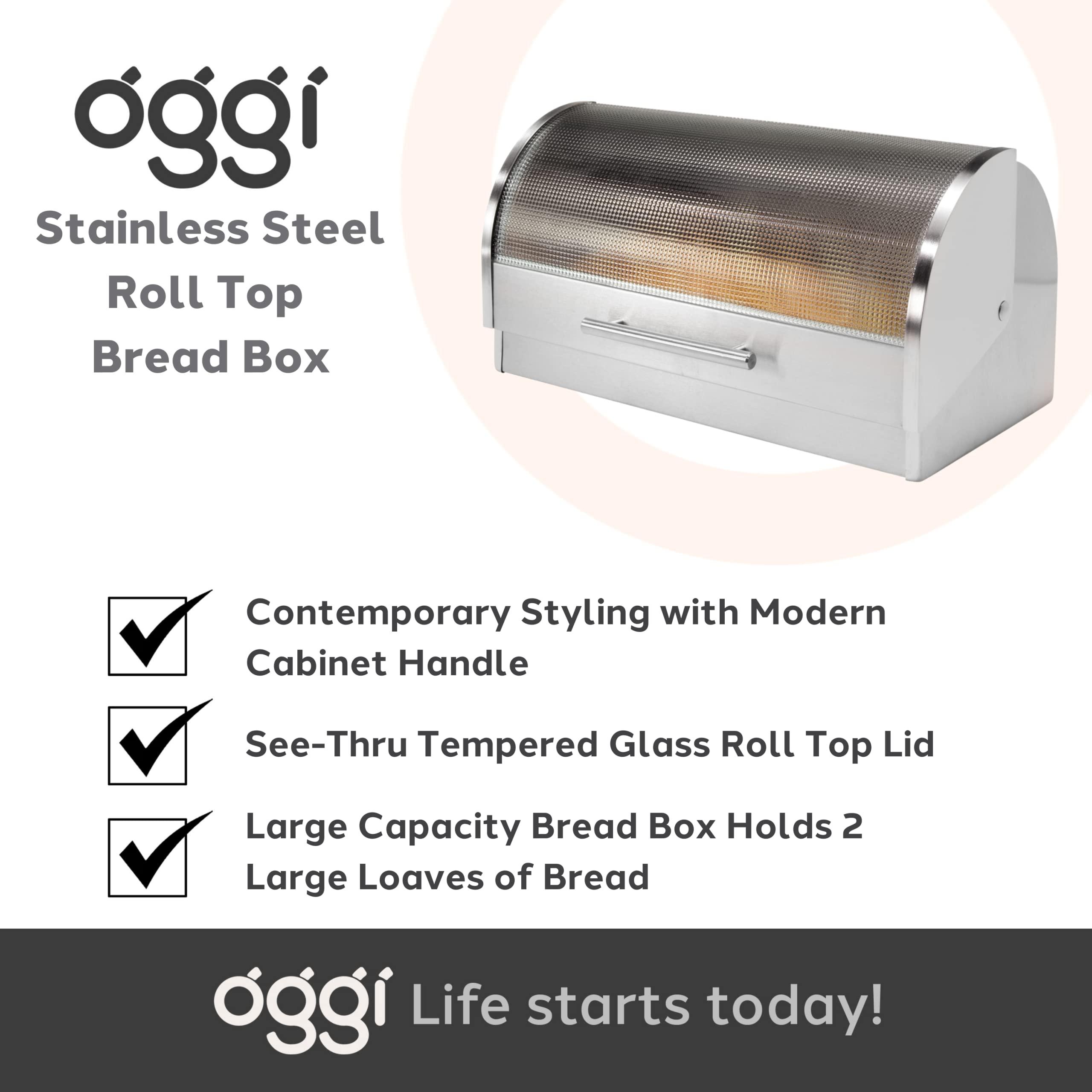 Oggi Oggi Stainless Steel Roll Top Bread Box for Kitchen Countertop with Tempered Glass Lid - Fits Multiple Large Loaves of Bread and Other Freshly Baked Goods Including Cookies, Bagels, Muffins