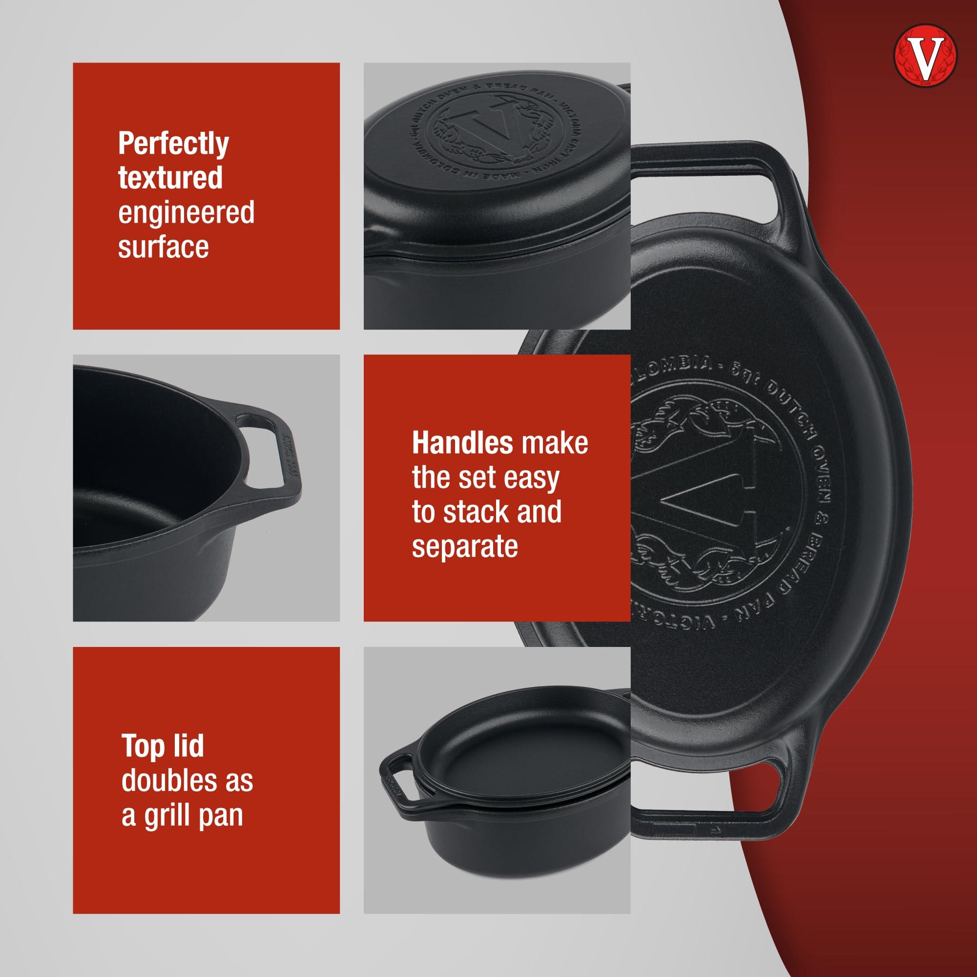 Victoria Victoria 6-Quart Cast Iron Oval Dutch Oven, Combination Combo Cooker Pot and Skillet, Bread Baker, Made in Colombia, 2-Piece Set