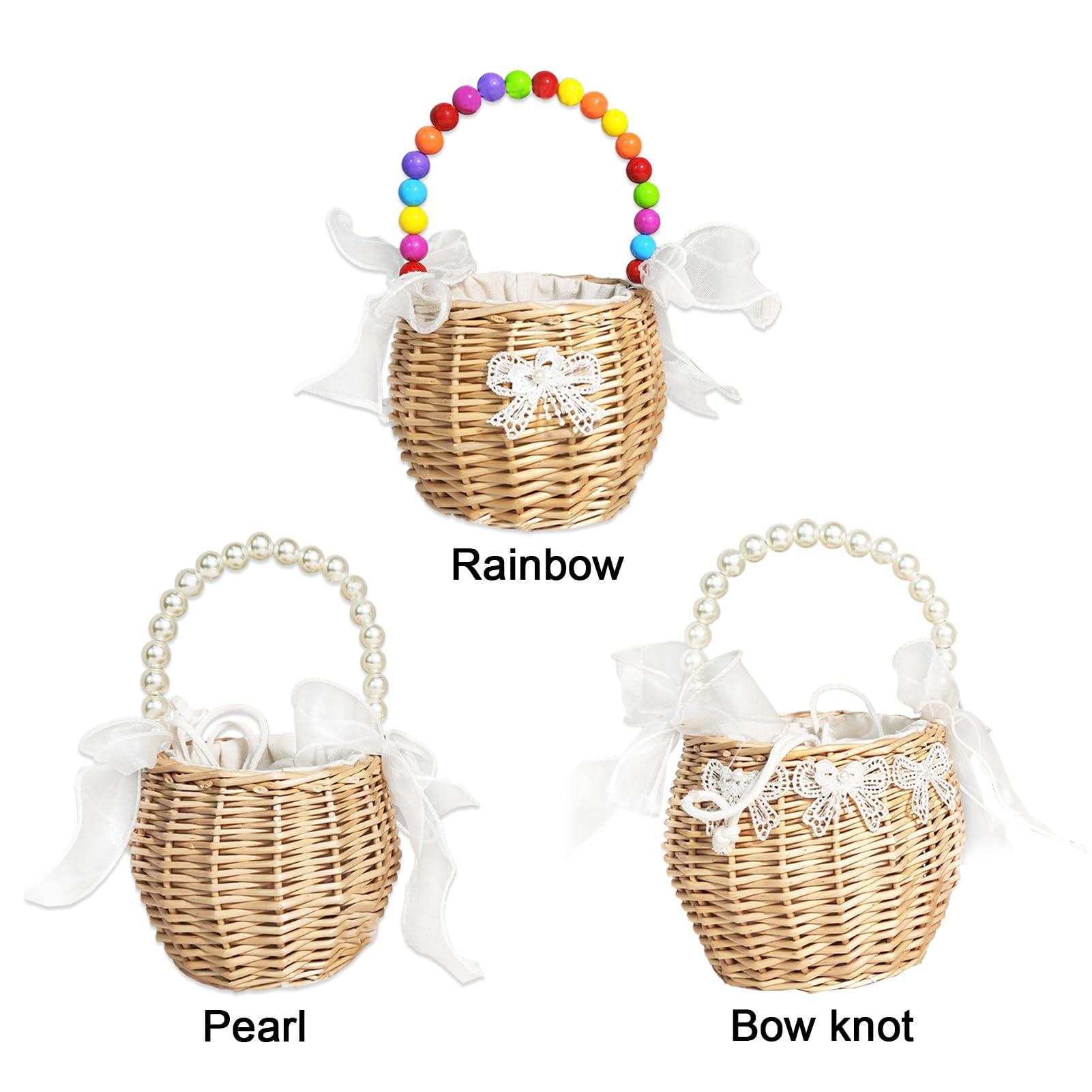 JUOPZKENN JUOPZKENN Rattan Flower Basket,Pearl Flower Girl Basket Rattan Basket Flower Girl Bag Rustic Flower Girl Basket Wicker Basket for Wedding Flower Girl Accessories(18cm / 7.1in-White 2)