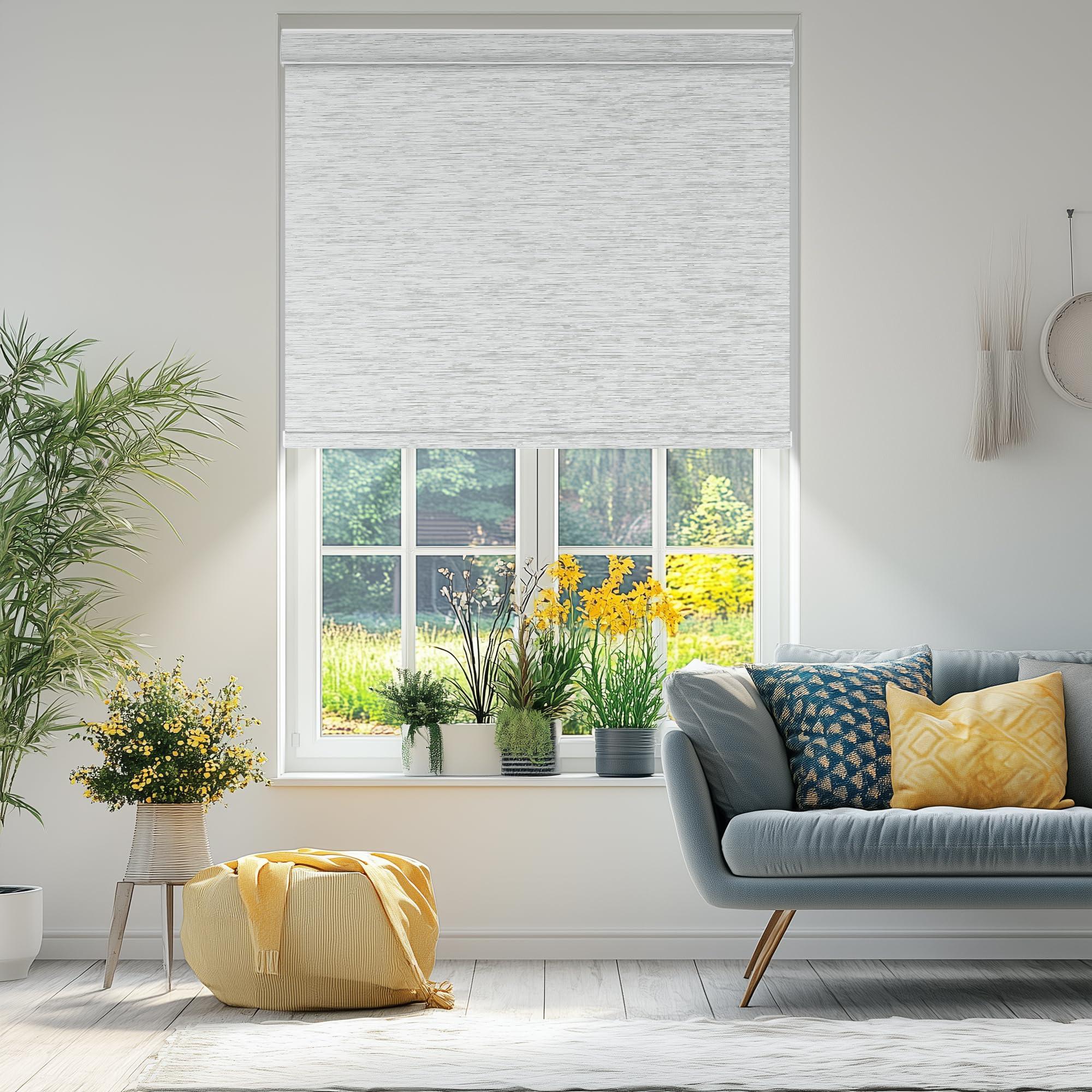 Sulugood Sulugood,Blackout Roller Shades for Windows,Free-Stop Cordless Roller Blinds with Cassette Valance,Striped Jacquard Window Shades for Bedroom,Thermal Insulated Fabric,White Stripes,53" W x 60" H