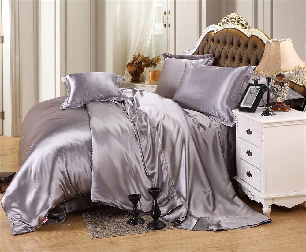 Good Night Bedding Duvet Cover Twin Size Set Silver With Button Closure, Ultra Soft Silky Satin 4 Pieces Washed Comforter Cover Sets (1 Duvet Cover + 1 Fitted Sheet 12\" Deep + 2 Pillow Shams) Duvet Set
