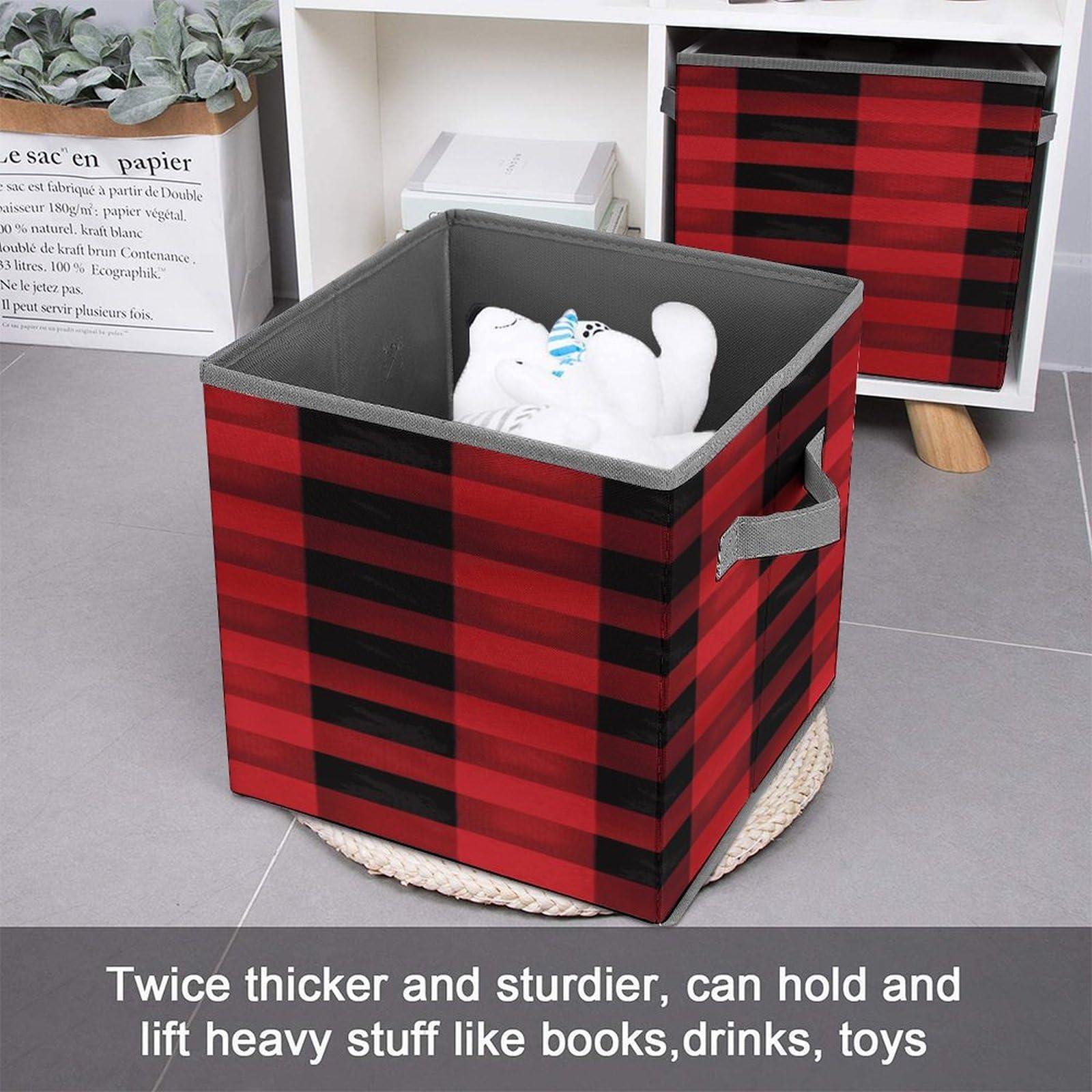 BFGWK Red Black Buffalo Check Plaid Pattern Printing Storage Basket Folding Storage Bins Fabric Cube Organizer With Handle For Closet Utility Room