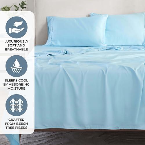 BLUENILEMILLS BNM Modal from Beechwood Sheet Set, Deep Pocket, Soft Lightweight Bedding, Cooling Bedsheets, Basics, Dorm Essentials, Includes 1 Flat Sheet, 1 Fitted Sheet, 2 Pillowcases, California King, Light Blue