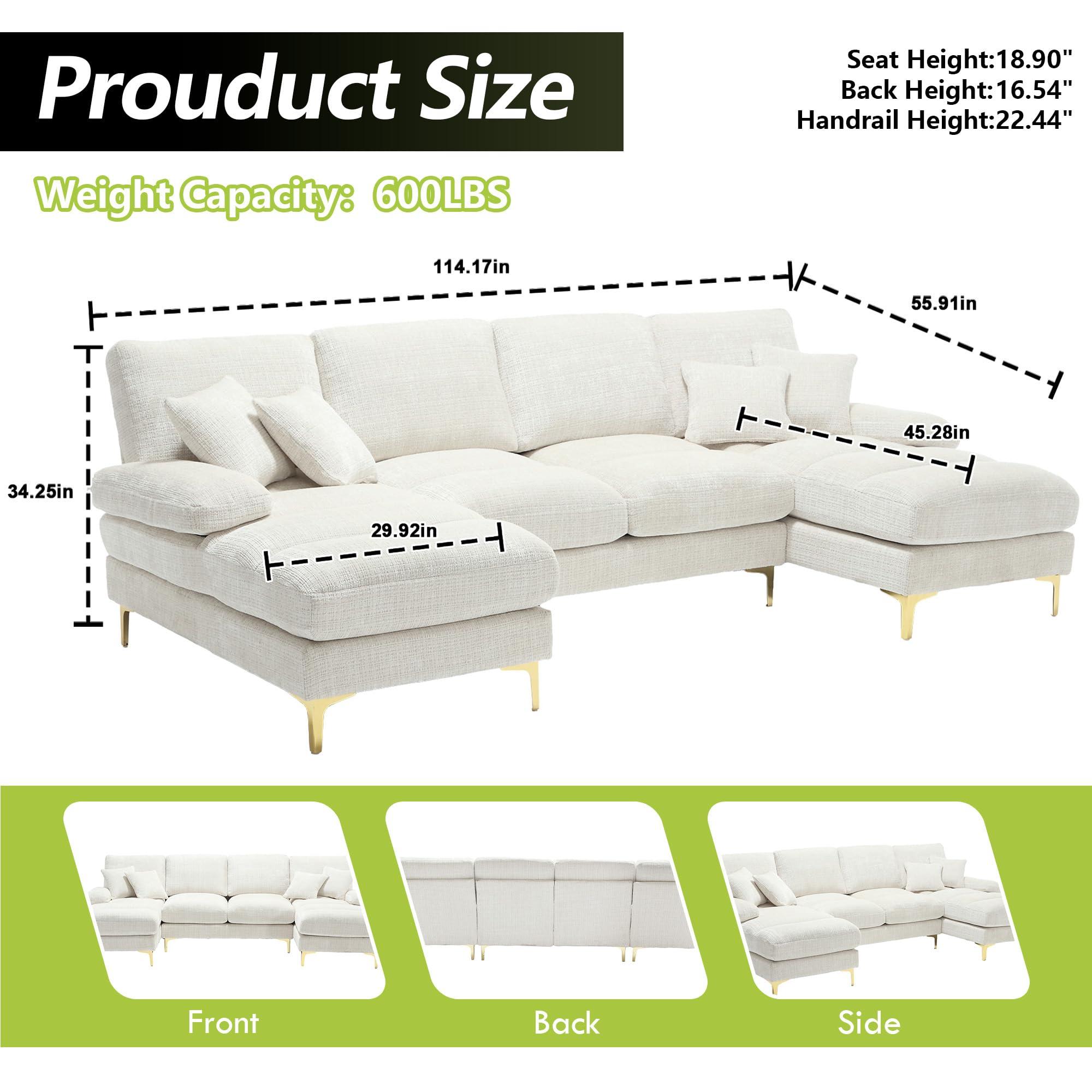 STLVUEO STLVUEO U-Shape Modular Sectional Sofa Chenille Fabric, 4-Seater Living Room Couch with Double Extra-Wide Chaise Lounge, Reversible Sleeper Sofa with Throw Pillows - 114.17" for Living Room, Beige