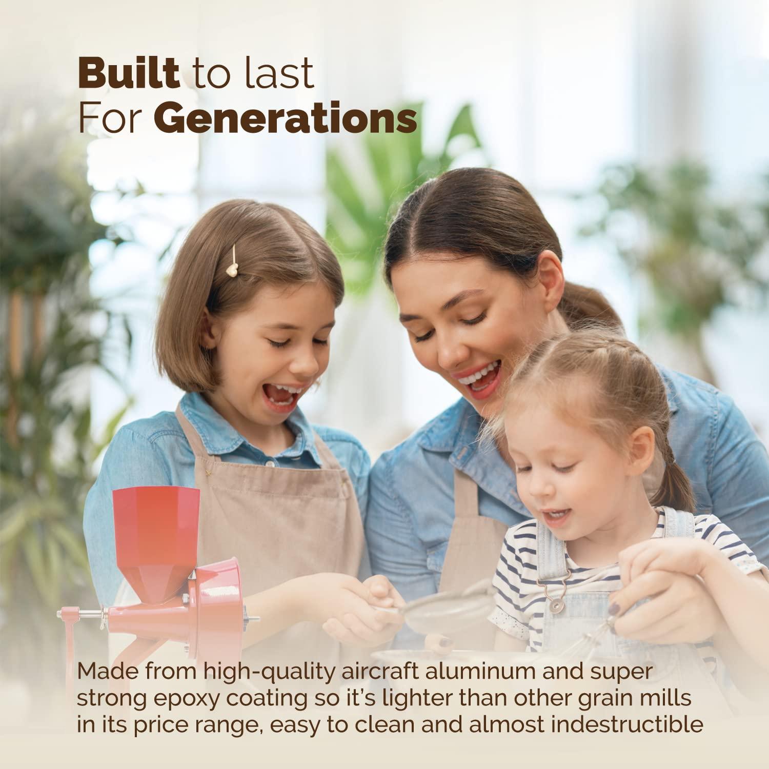 WONDERMILL WONDERMILL Manual Hand Grain Mill Red Wonder Junior Deluxe for Dry and Oily Grains - Kitchen Flour Mill, Grain Mill Hand Crank and Spice, Corn, Wheat Stone Mill Grinder