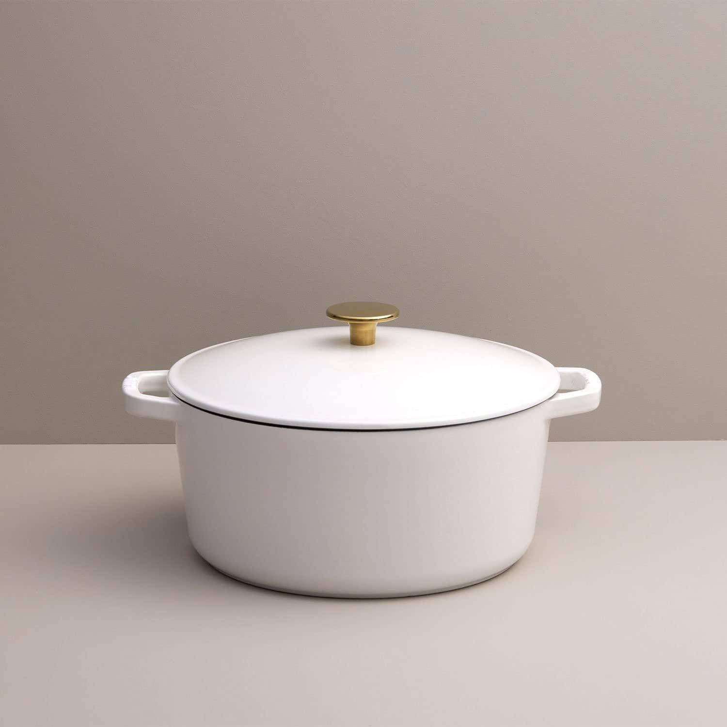 Kana Lifestyle Milo by Kana 5.5-quart Enameled Cast Iron Dutch Oven with Lid | Premium Casserole Cooking Pot | Enamel Coating Inside and Out | Oven Safe and Dishwasher Friendly (White with Gold Knob)