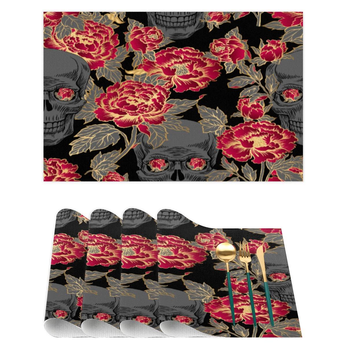 SEEKJOYS Placemats Creative Peony Prints Set of 4 12x18 Inch Stain Resistant Heat-Resistant Washable Durable PVC Table Mat for Home Decor Kitchen Table Skull Woven Vinyl Fall Placemats