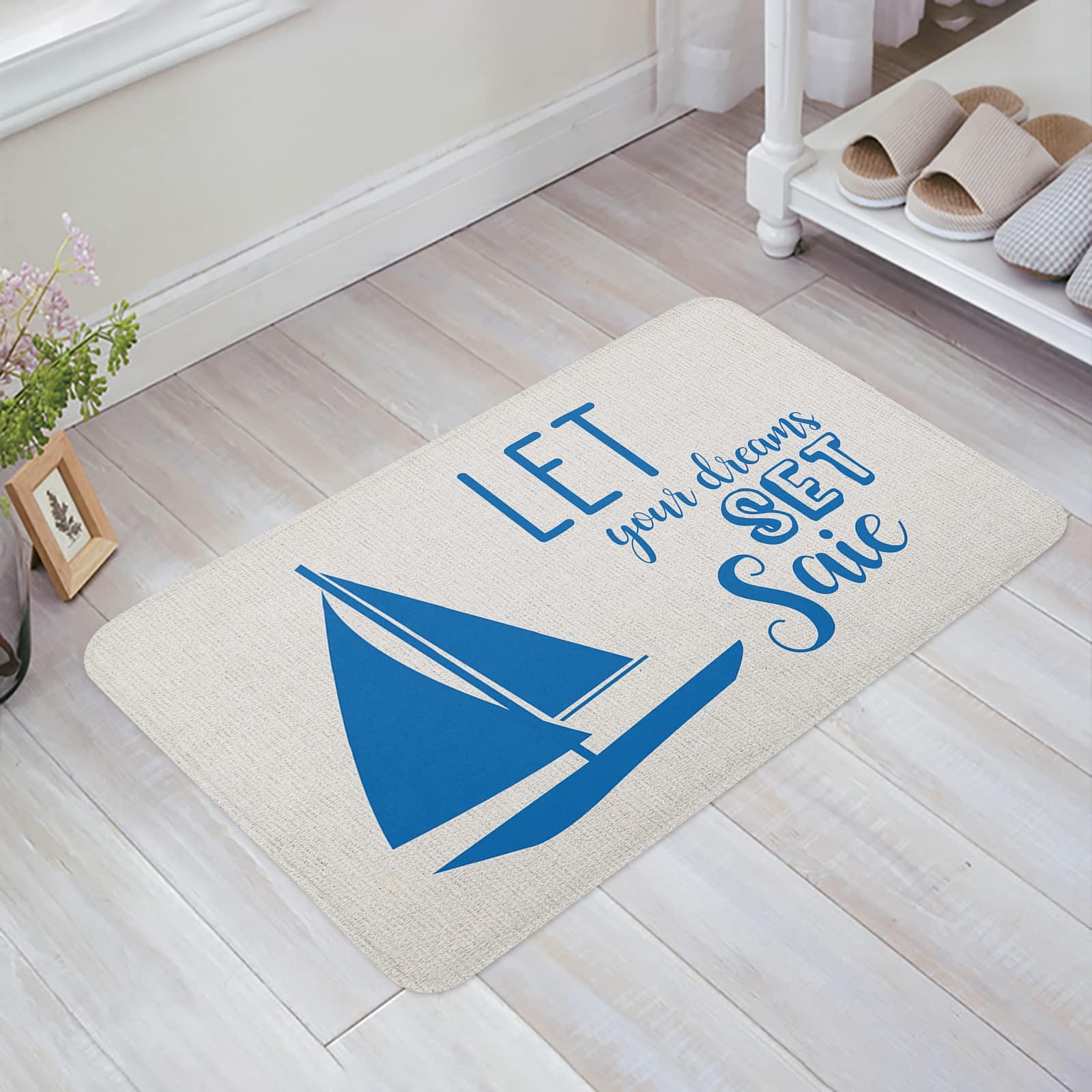 Sabolny Ocean Sailboat Kitchen Runner Rug Mat, Bath Shower Bathtub Welcome Door Floor Mat, Country Rustic Burlap Beige Blue Summer Washable Indoor Outdoor Throw Entry Area Rug Doormat