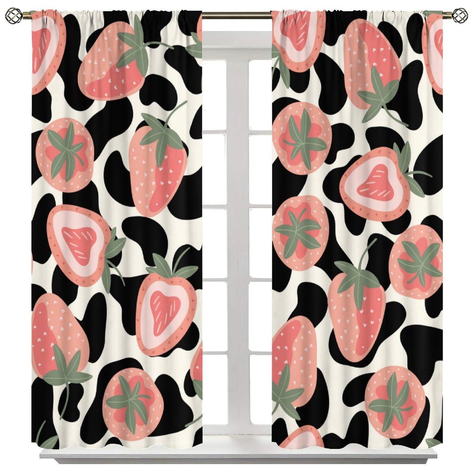 BenYaSong Milk Cow Print Blackout Curtains,Cartoon Pink Strawberry,Bull Cattle Farm Animals Black White Cowhide,Fruits Themed Window Treatments for Home Kitchen Restaurant Decoration Window Curtain 2Panel 52"W