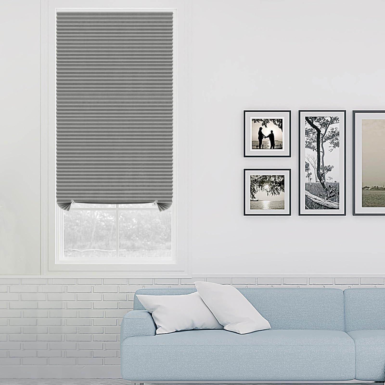 Jlong Paper Blackout Shades for Indoor Windows Temporary Cordless Paper Pleated Adhesive Blinds No Drill Privacy Fabric Window Coverings Stick on Blinds No Tools Curtains (1, Grey, WxH/47x83Inches)