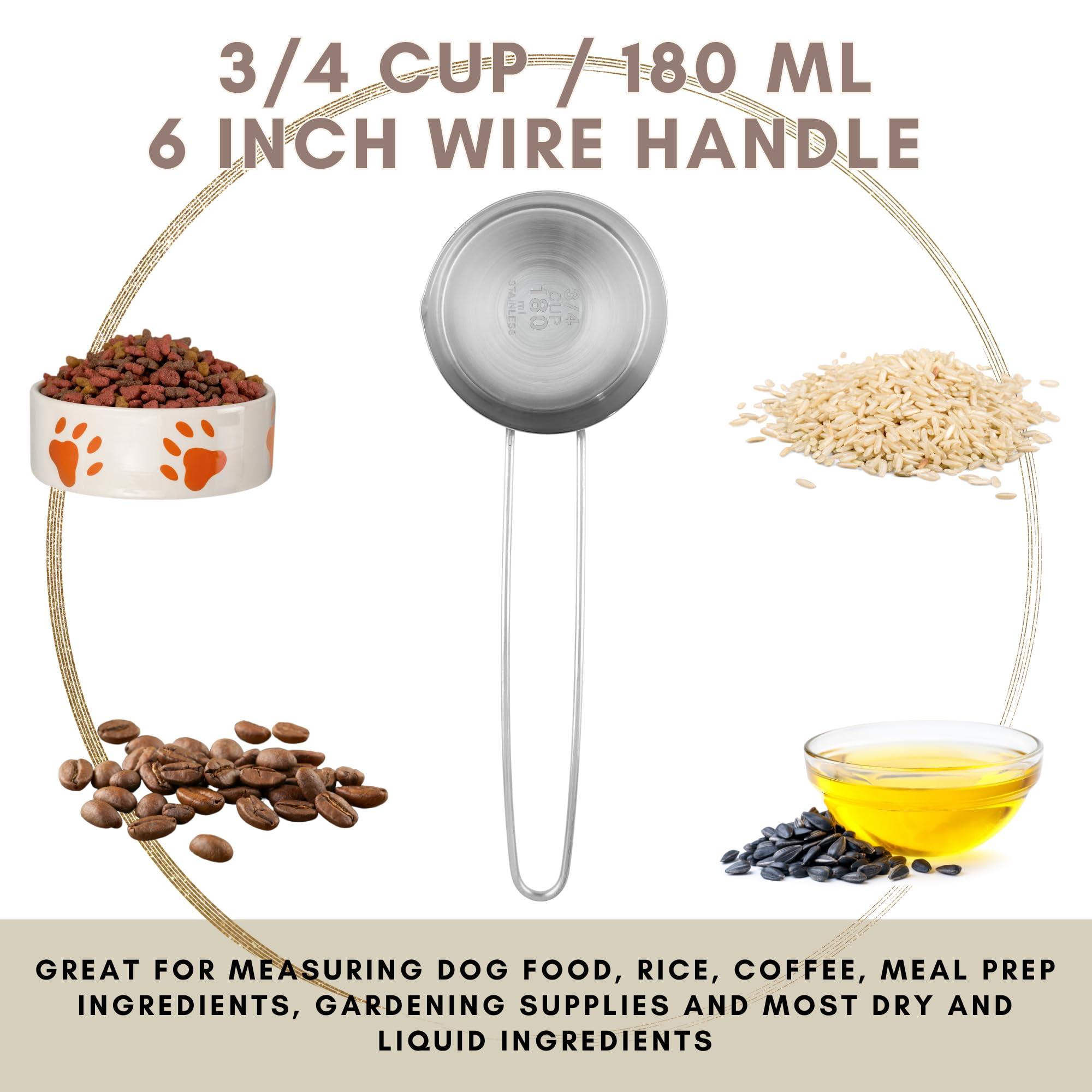 Knupp Co. 3/4 Cup Stainless Steel Measuring Cup, Long 6" Wire Loop Handle and Pour Spout | Sturdy Metal 177 ml | 177 cc | 6 oz | Single Cup for Wet and Dry Ingredients | Great for use as 3/4 Cup Dog Food Scoop