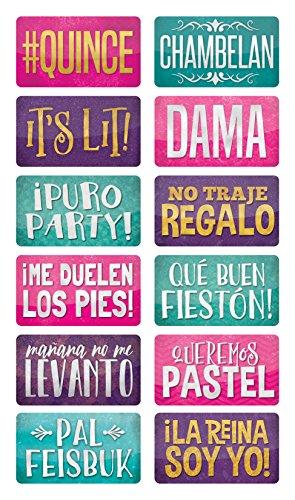 KING PROPS King Props Fully Assembled Quinceanera Teal Sweet Multicolor Photo Booth Props Kit Spanish Water Proof Perfect 15th Birthday Parties Decorations,Mis Quince Anos, Double Sided 6 Count.