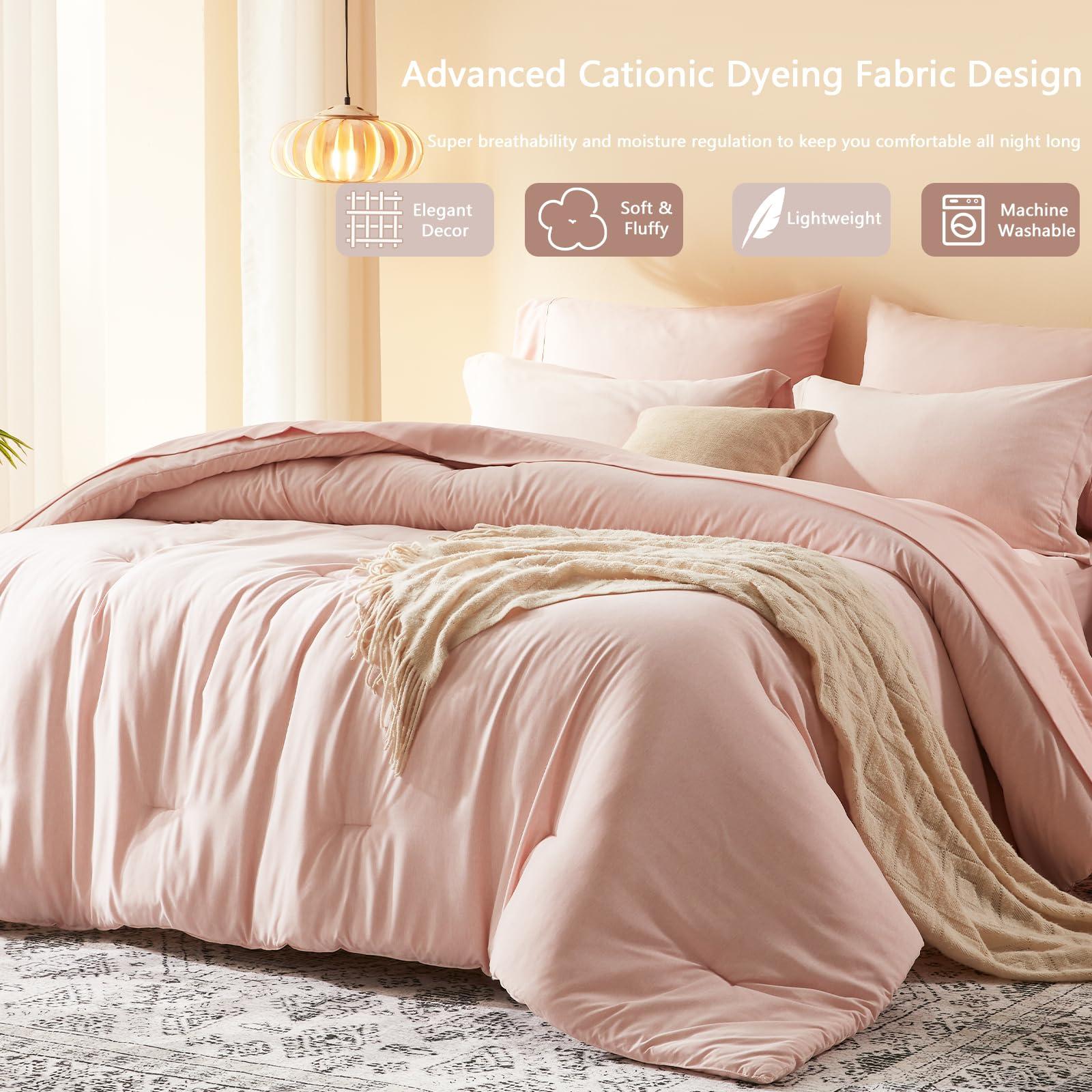 UNILIBRA UNILIBRA King Comforter Set 7 Pieces Bed in a Bag - Light Pink King Soft Bedding Set for All Seasons - Cationic Dyeing Bed Comforter Sets with Comforter, Flat Sheet, Fitted Sheet, Pillowcases & Shams