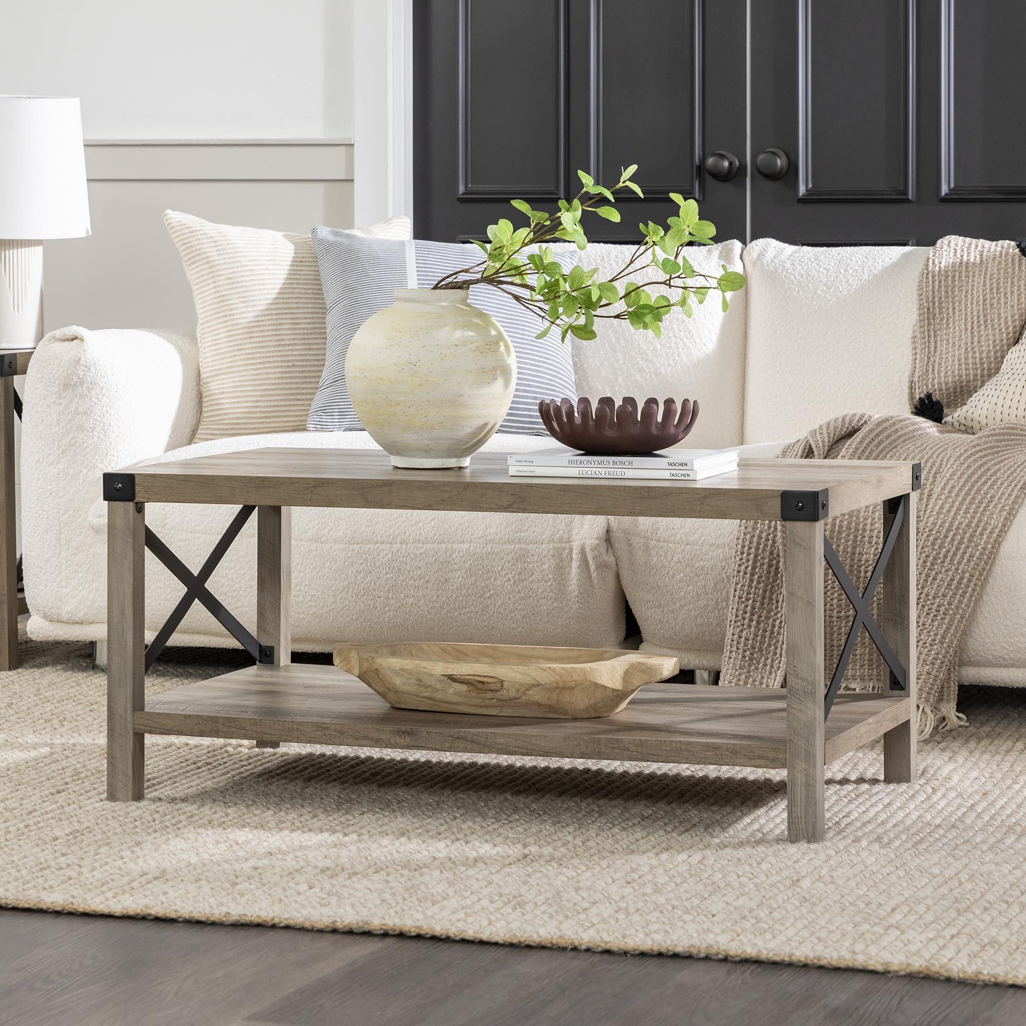 Walker Edison Walker Edison Sedalia Modern Farmhouse Metal X Coffee Table, 40 Inch, Grey Wash