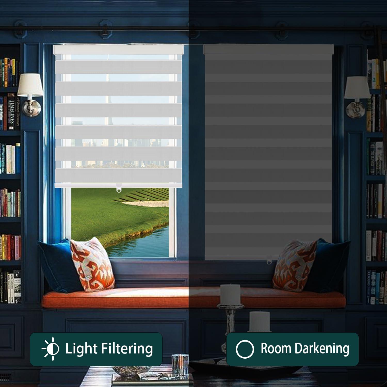 IDEKIO Zebra Blinds for Windows,Custom Size Cordless Zebra Roller Window Blinds, Dual Layer Blackout Roller Shades,Day and Night Blinds for Door,Office,Light Grey,53 3/4" W x [20" H to 98" H Customize]