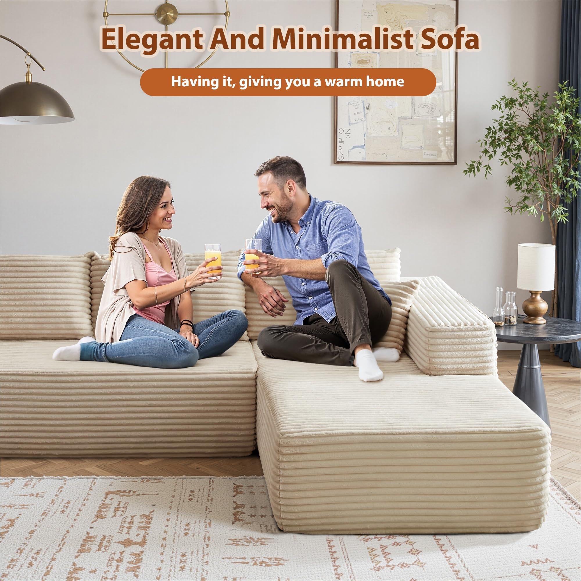 OOBOLT 104" Cloud Couch Deep Seat, L Shape Couches for Living Room, No Assembly Required, Sectional Sofas with Right Chaise, Beige Plush Velvet