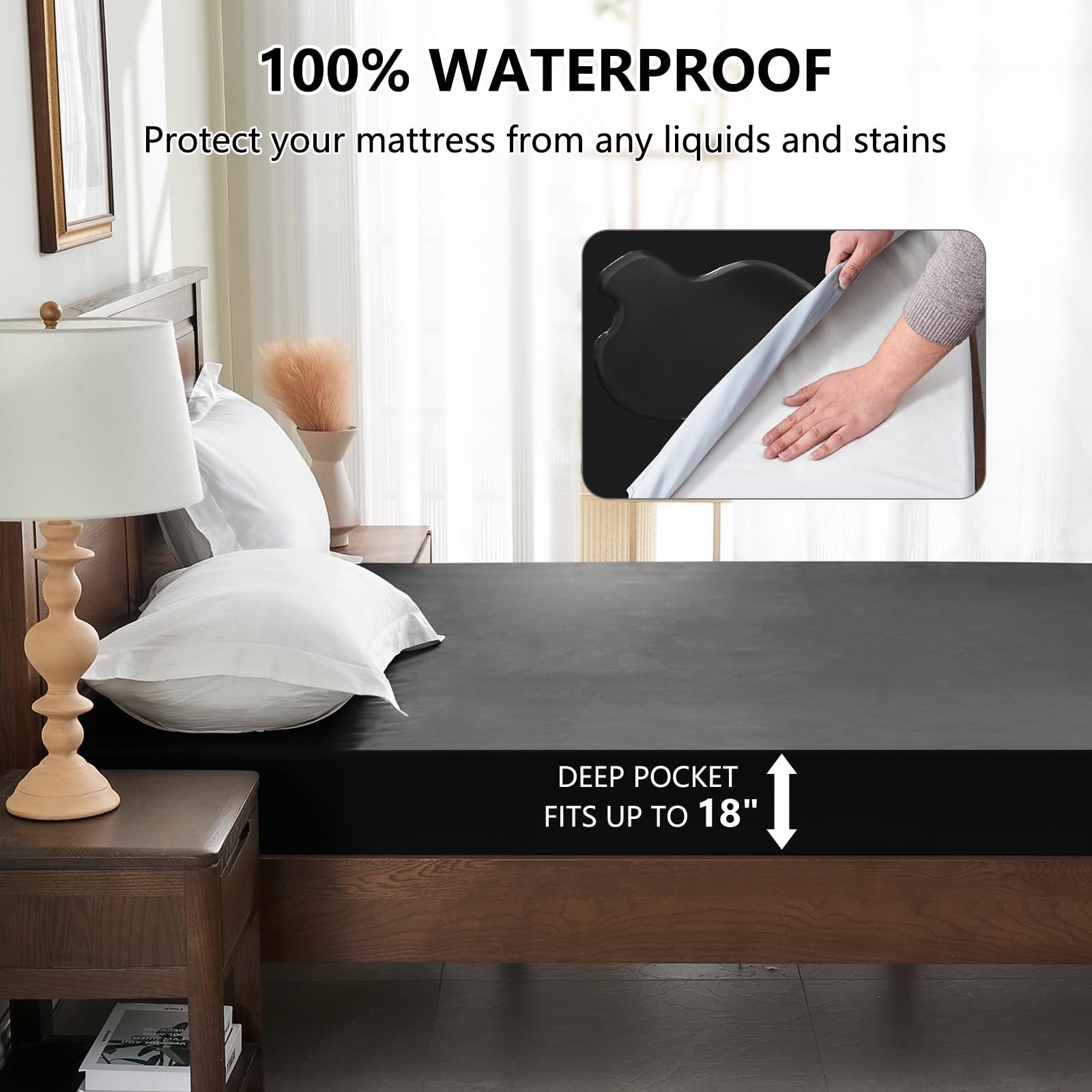 inooro Full Mattress Protector Waterproof, Breathable Noiseless Bed Cover with Deep Pocket 6\"-18\", Machine Washable Mattress Cover Full for Bedroom, College Dorm, Hotel (Black, 54\'\' X 76\'\')