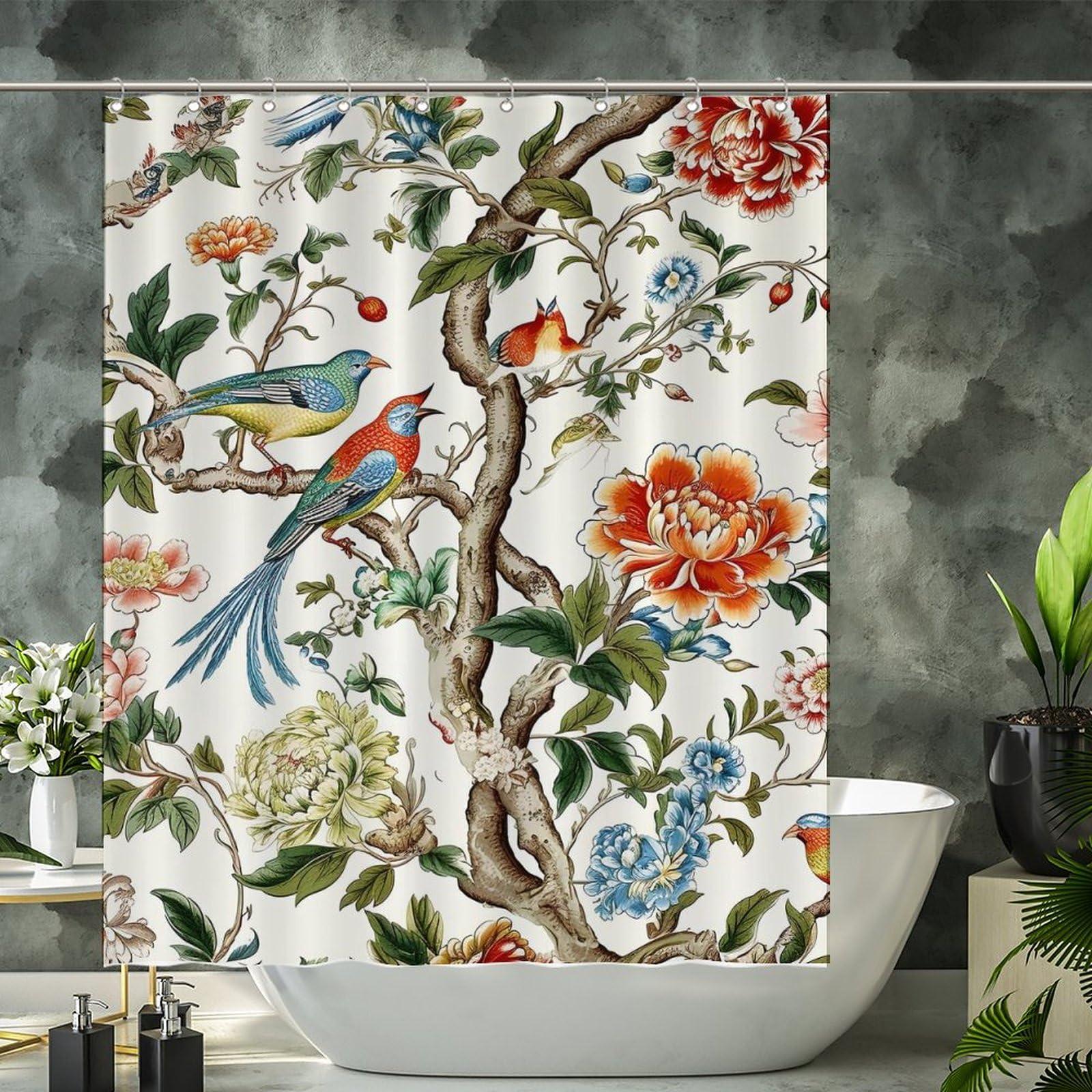 MangGou MangGou Asian Scenic Chic Chinoiserie Shower Curtain 60x72inch Bird in Peony Tree Coral Flower Polyester Bath Curtain with Hooks Red Peony Flower Animal Bird Waterproof Bathroom Shower Curtain