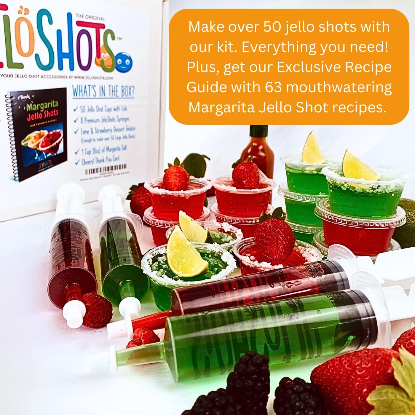 JeloShots Jello Shots Party Kit - Margarita Party Pack - Makes Over 50 (Large) Jello Shots - Includes eBook with 63 Margarita Recipes, Jello Shot Syringes, Jello Shot Cups, Margarita Salt, & Flavored Gelatin