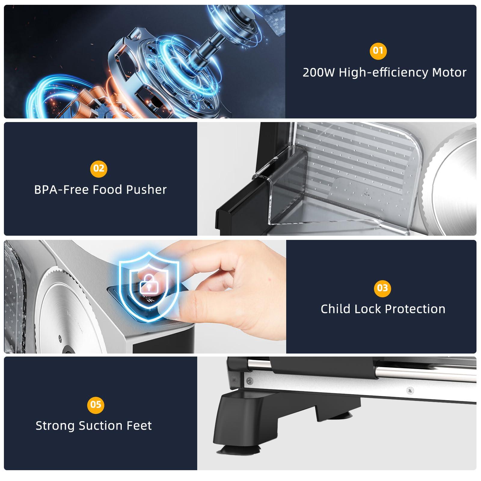 TERUISI TERUISI Electric Meat Slicer, 200W 110V Food Slicer with 2 Stainless Steel 7.5\" Blades, 0-18mm Adjustable Thickness, Meat Cutter Machine with Food Tray, Towel for Home Use, Meat, Fruit, Bread, Cheese