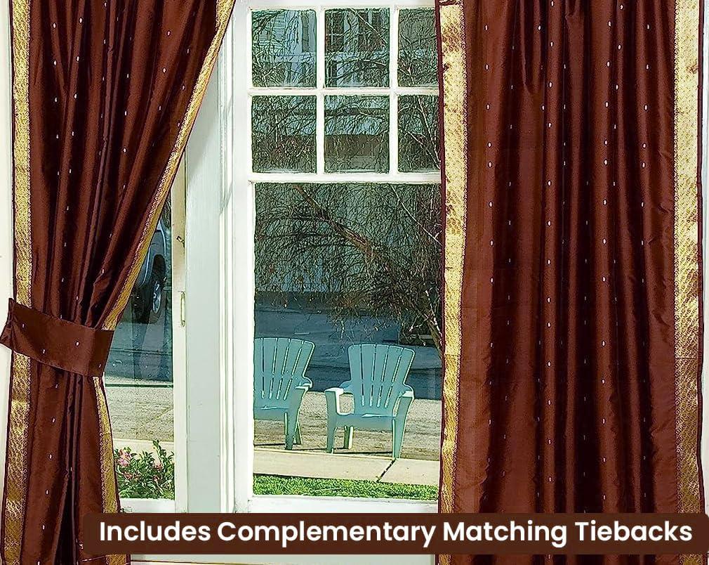 Indian Selections Handcrafted Brown Indian Sari Curtains, Tiebacks Included Lined Ring Top Sari Sheer Curtains, 80\"W x 63\"L, Privacy & Insulation for Living Rooms, Bedrooms, and Dining Rooms, Sold in Pairs