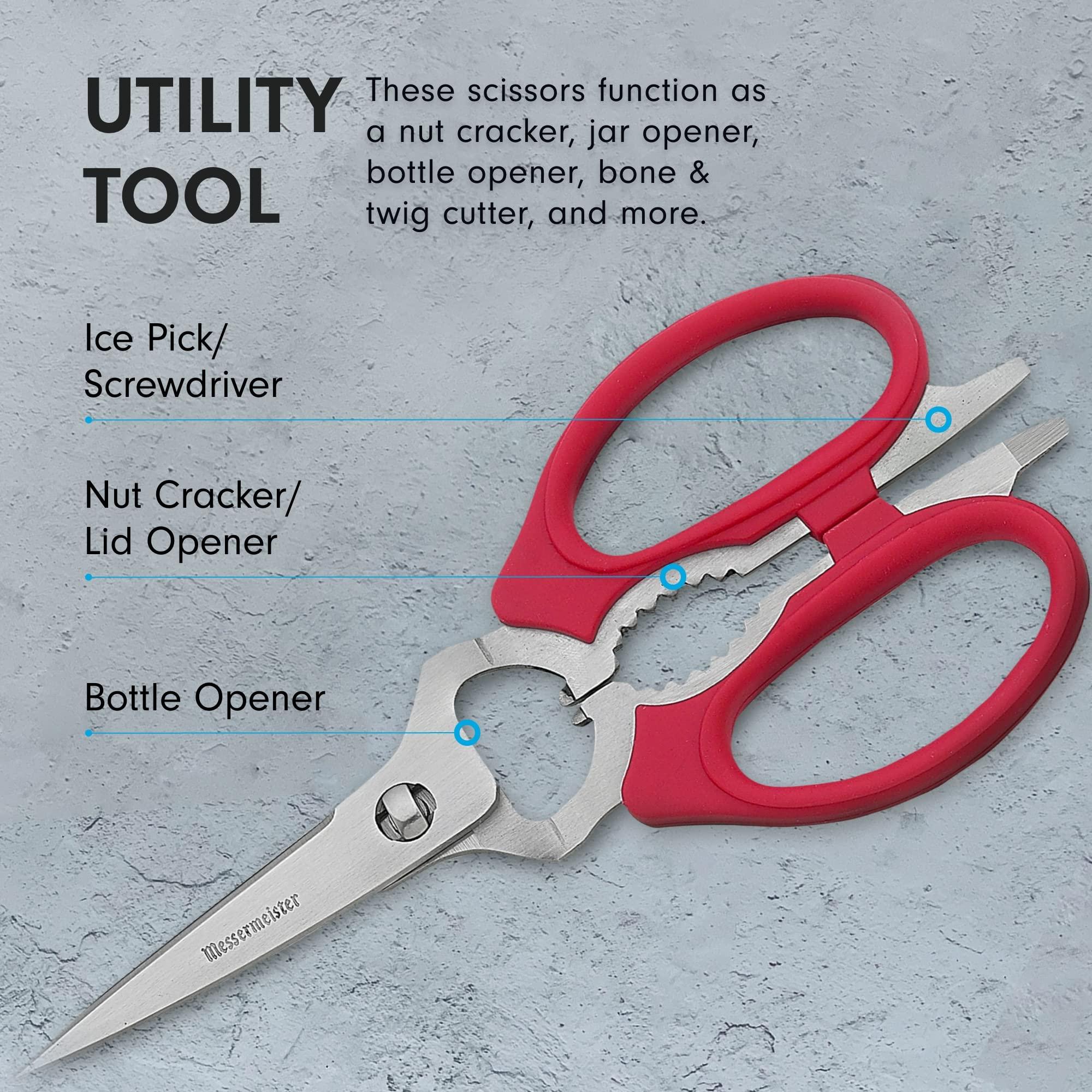 Messermeister Messermeister 8-Inch Take-Apart Kitchen Scissors, Red - Includes Screwdriver, Nut Cracker, Jar Lid Opener/Gripper, Bottle Opener & Bone + Twig Cutter - Suitable for Lefties & Righties