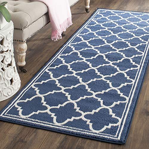 Safavieh SAFAVIEH Amherst Collection Runner Rug - 2\'3\" x 7\', Navy & Beige, Moroccan Trellis Design, Non-Shedding & Easy Care, Ideal for High Traffic Areas in Living Room, Bedroom (AMT422P)