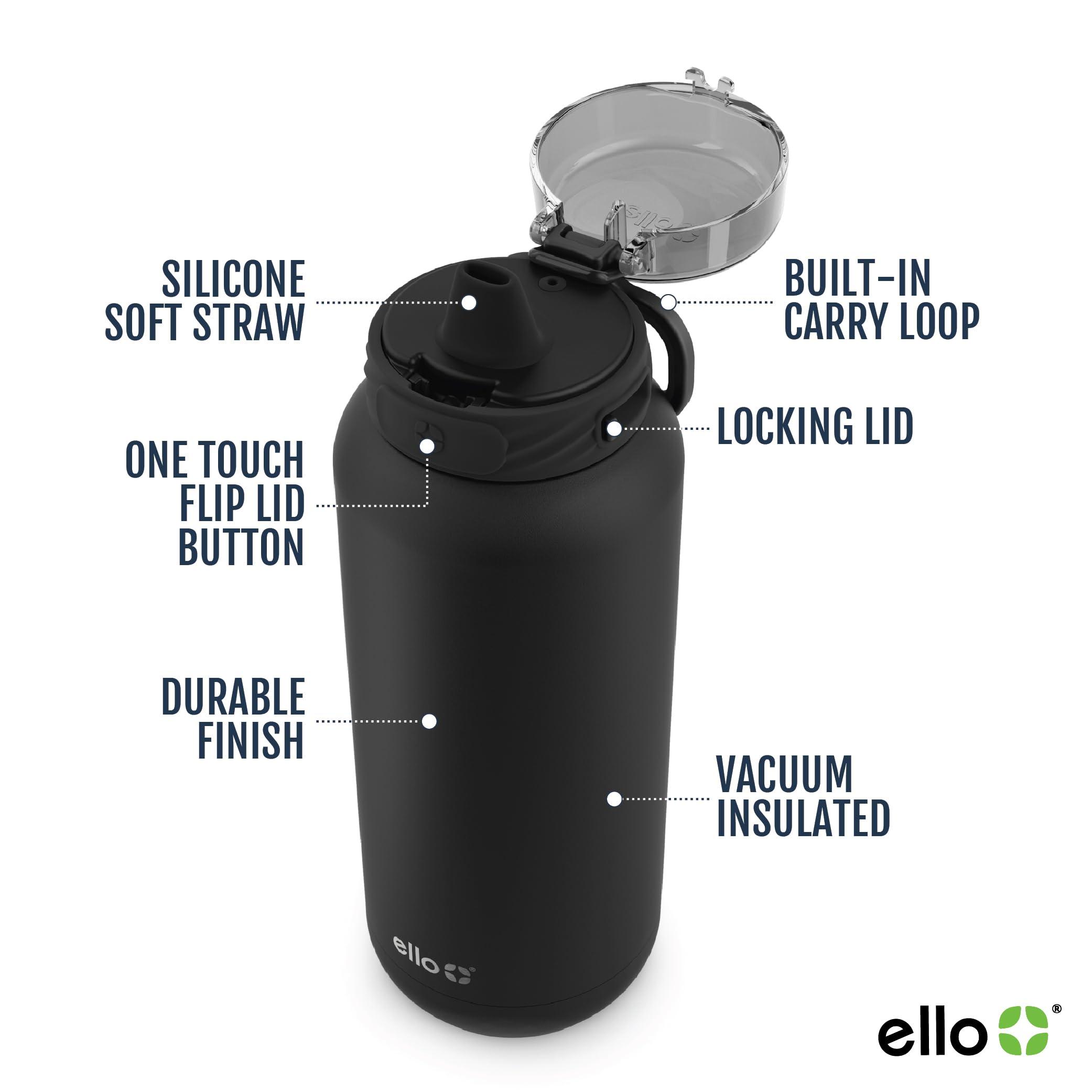Ello Ello Cooper 40oz Stainless Steel Water Bottle with Straw and Carry Handle, Double Walled and Vacuum Insulated Metal, Leak Proof Locking Lid with Soft Silicone Spout, Reusable, BPA Free, Black
