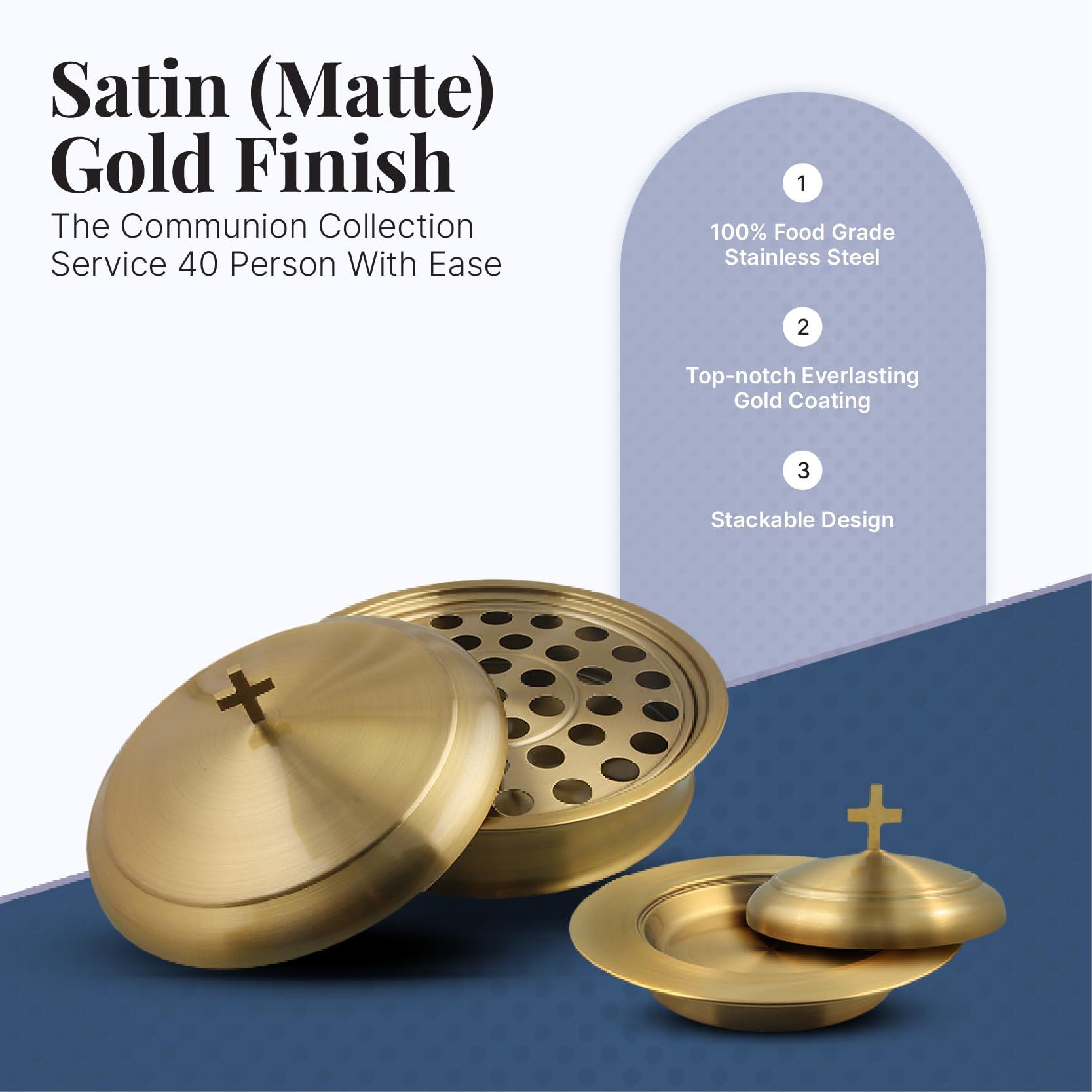 Mayur Exports Communion Ware Holy Wine Serving Tray with A Lid & A Stacking Bread Plate with A Lid - Stainless Steel (Brass/Gold)