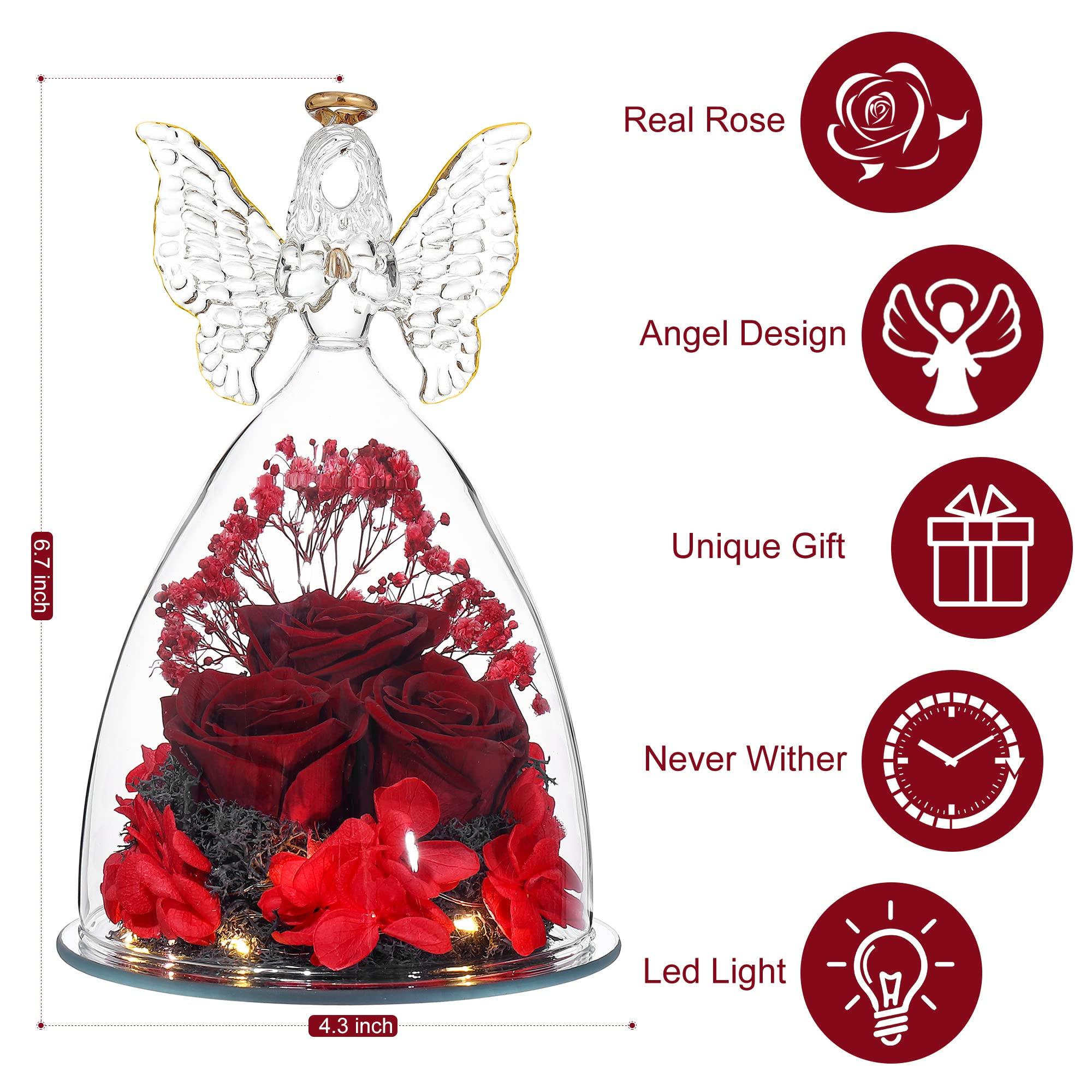 Tiaronics Tiaronics Mothers Day Rose Gifts Glass Angel Figurine with Three Roses Gifts, Preserved Forever Real Rose Gifts for Women, Angel Guardian with Rose for Valentine Day Mothers Day - Wine Red