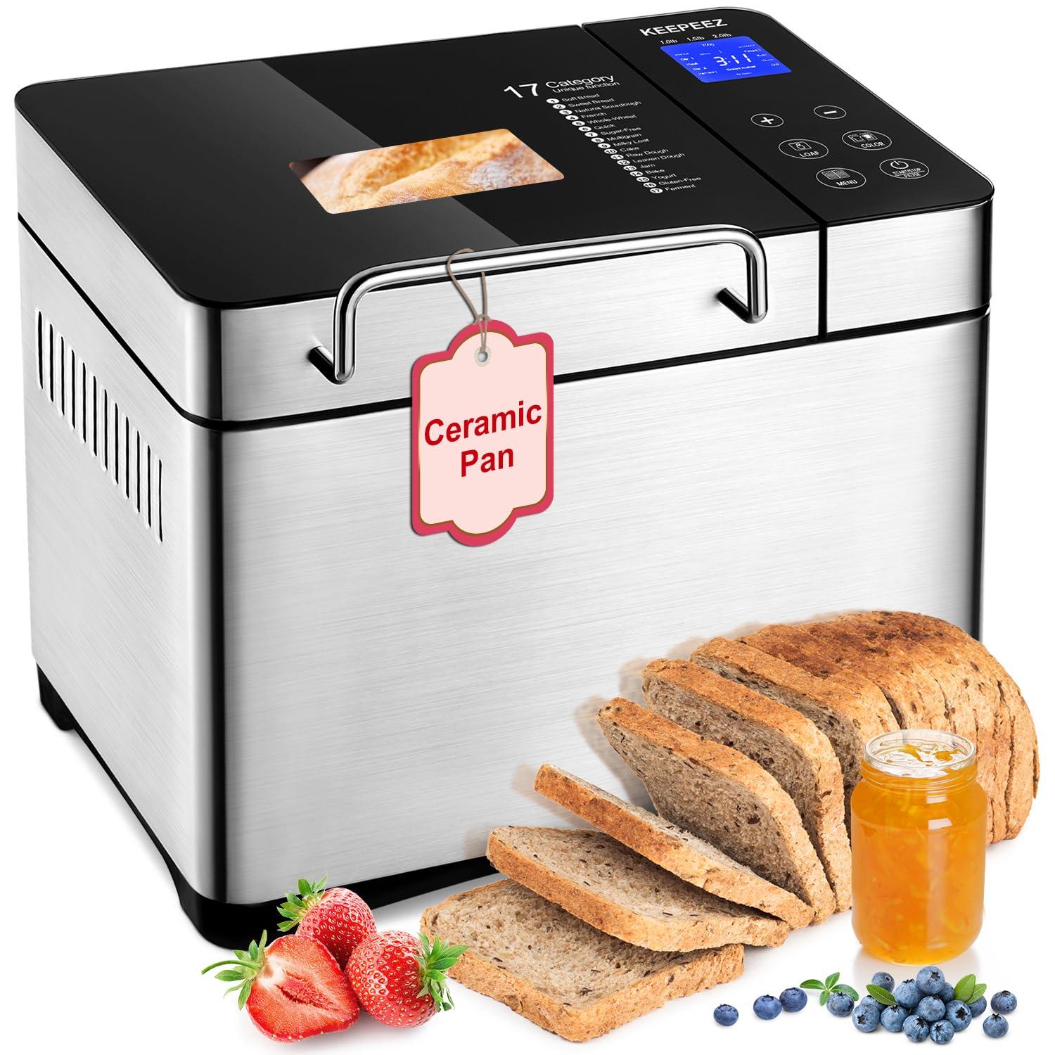 KEEPEEZ 17-IN-1 All Stainless Steel Bread Maker, 2LB Bread Machine BPA-Free Non-Stick 5-Layer Superior Die-Cast Ceramic Pan, Auto Fruit Nut Dispenser, 2 Paddles & Full Touch Panel,15H Timer&Keep Warm, Recipes