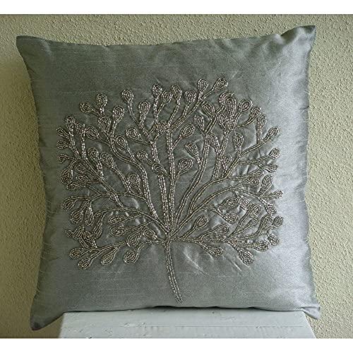 The HomeCentric The HomeCentric Cushion Cover, Silver Throw Pillows Cover Couch, Beaded Tree Pillow Cases, 14x14 inch (35x35 cm) Throw Pillow Covers, Square Silk Throw Pillows Cover, Floral - The Silver Tree