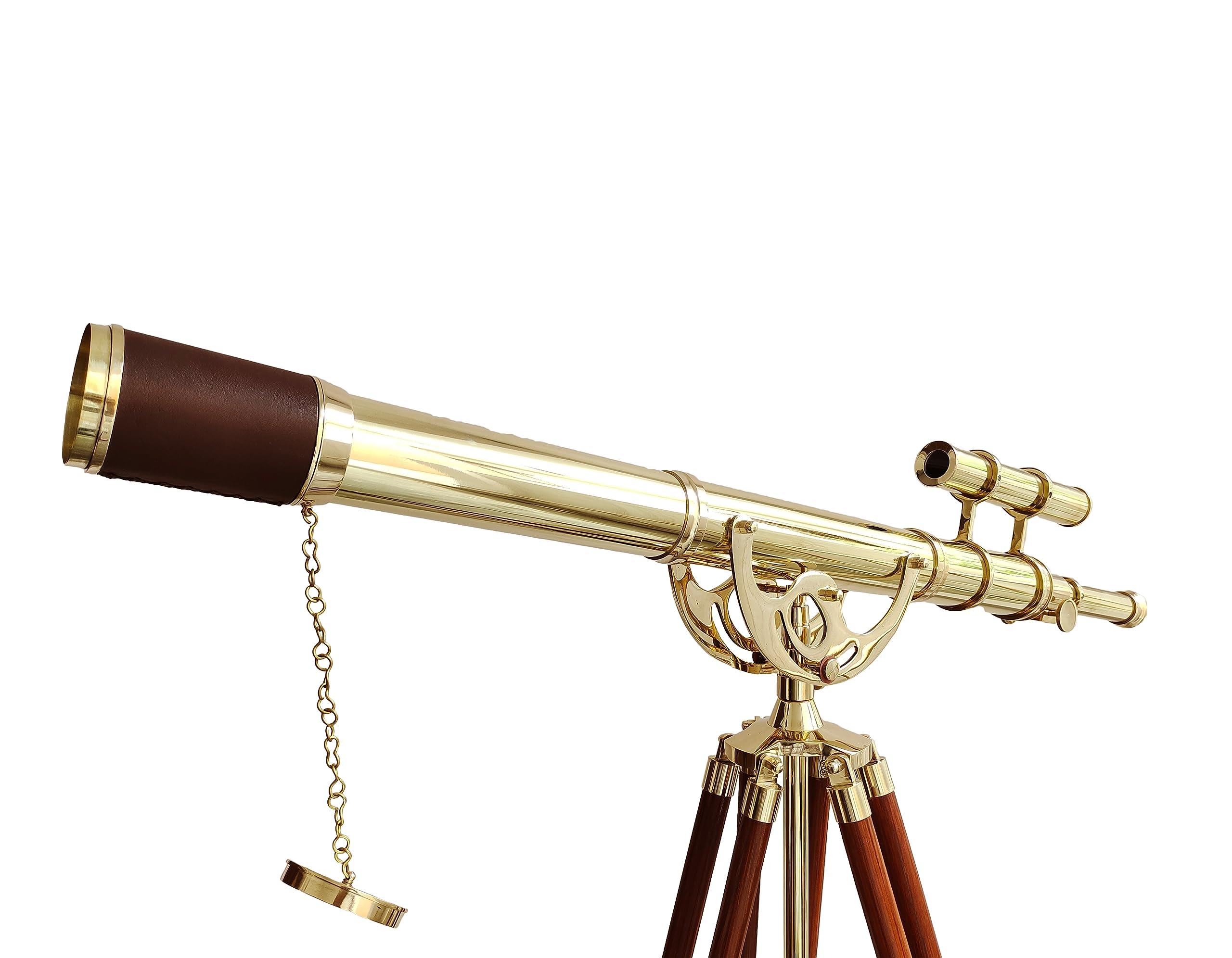 NAVIROCK Vintage Brass Telescope Nautical Shiny Brass Finish Latest Double Barrel Telescope Antique Floor Standing Adjustable Wooden Tripod Handicraft Marine Brown Leather