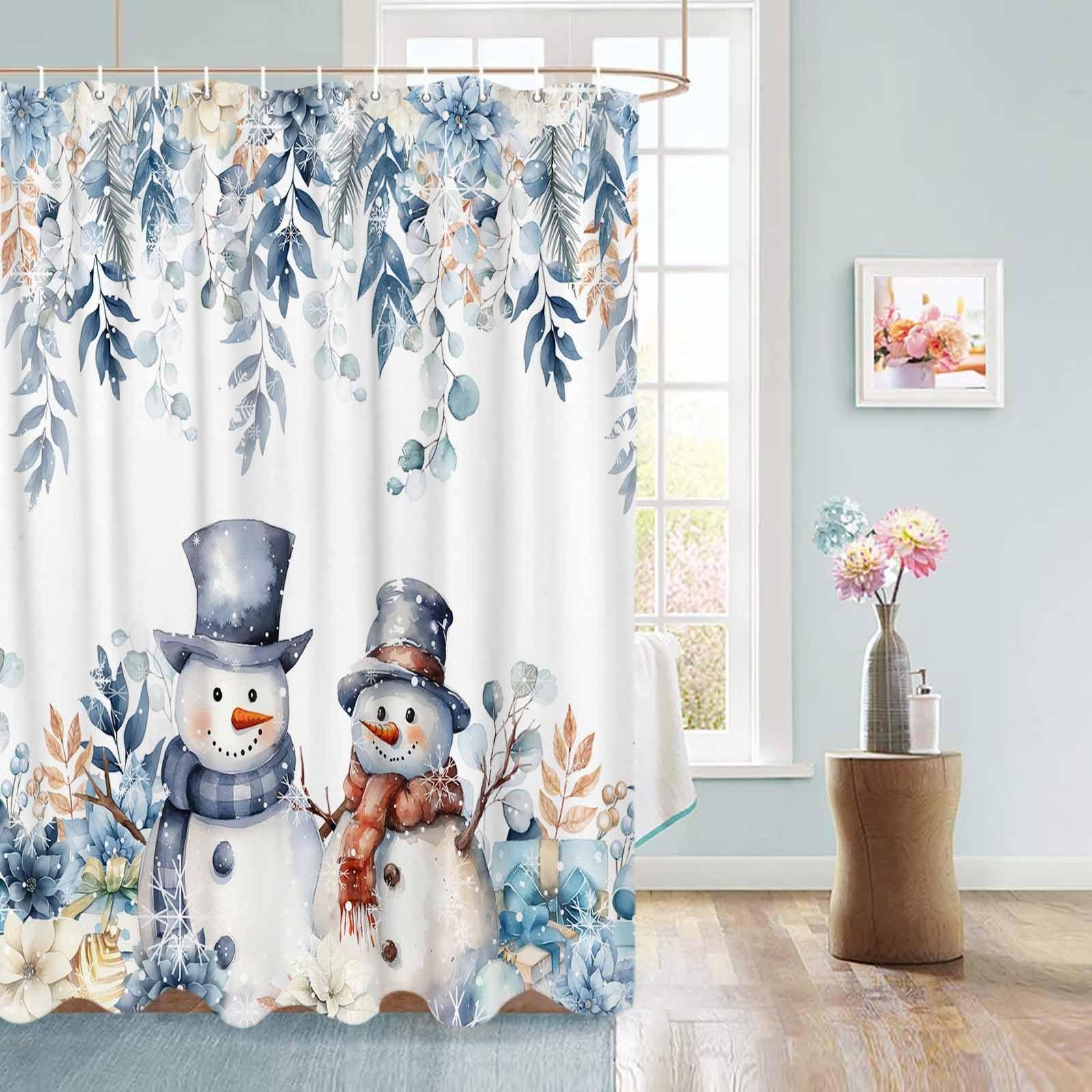 Amaze-Home Christmas Shower Curtains for Bathroom, Snowman Shower Curtain Set with Hooks Eucalyptus Leaves Waterproof Fabric Bathroom Curtains for Showers Bathtubs Winter Holiday Bath Decoration 36x78 inch