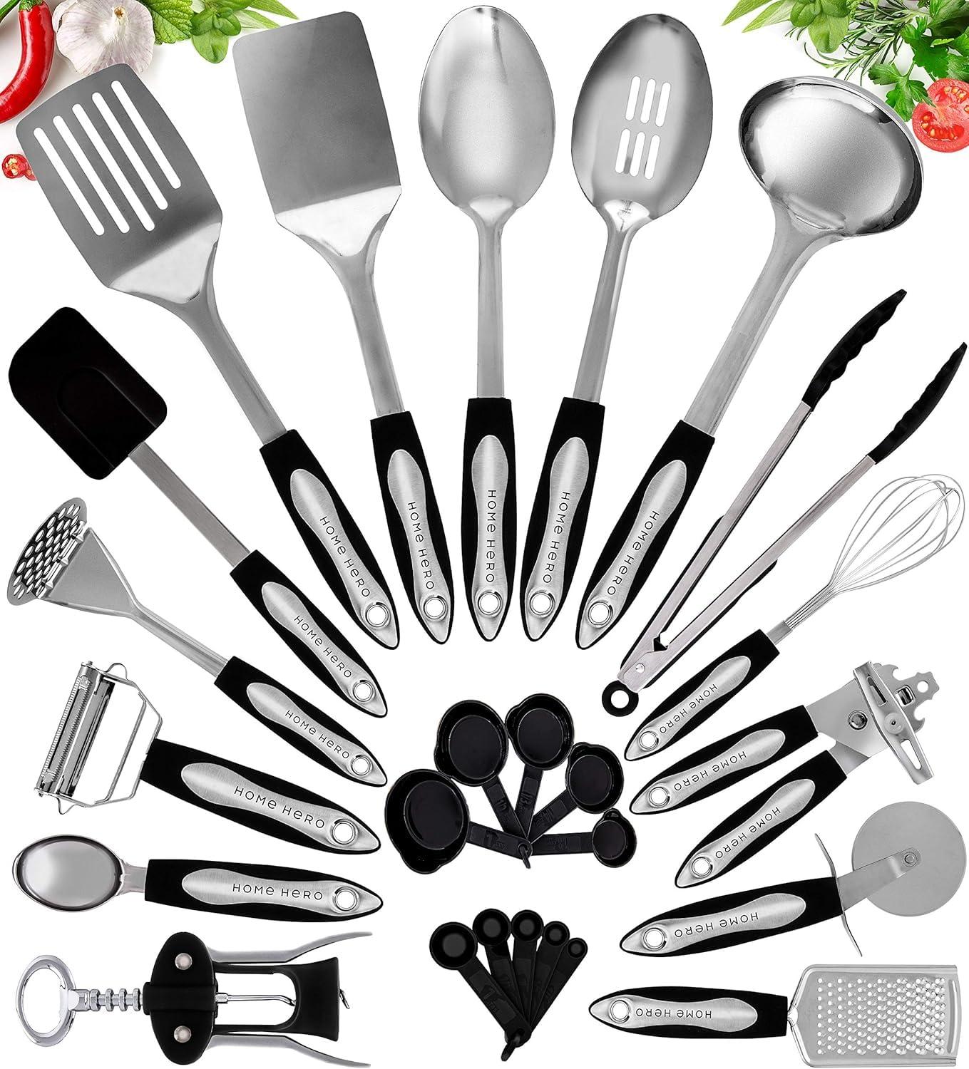 Home Hero Home Hero 41 Pcs Stainless Steel Kitchen Utensils Set - Nonstick Stainless Steel Cooking Utensils Set - Heat Resistant Kitchen Essentials & Metal Kitchen Gadgets (41 Pcs Set)