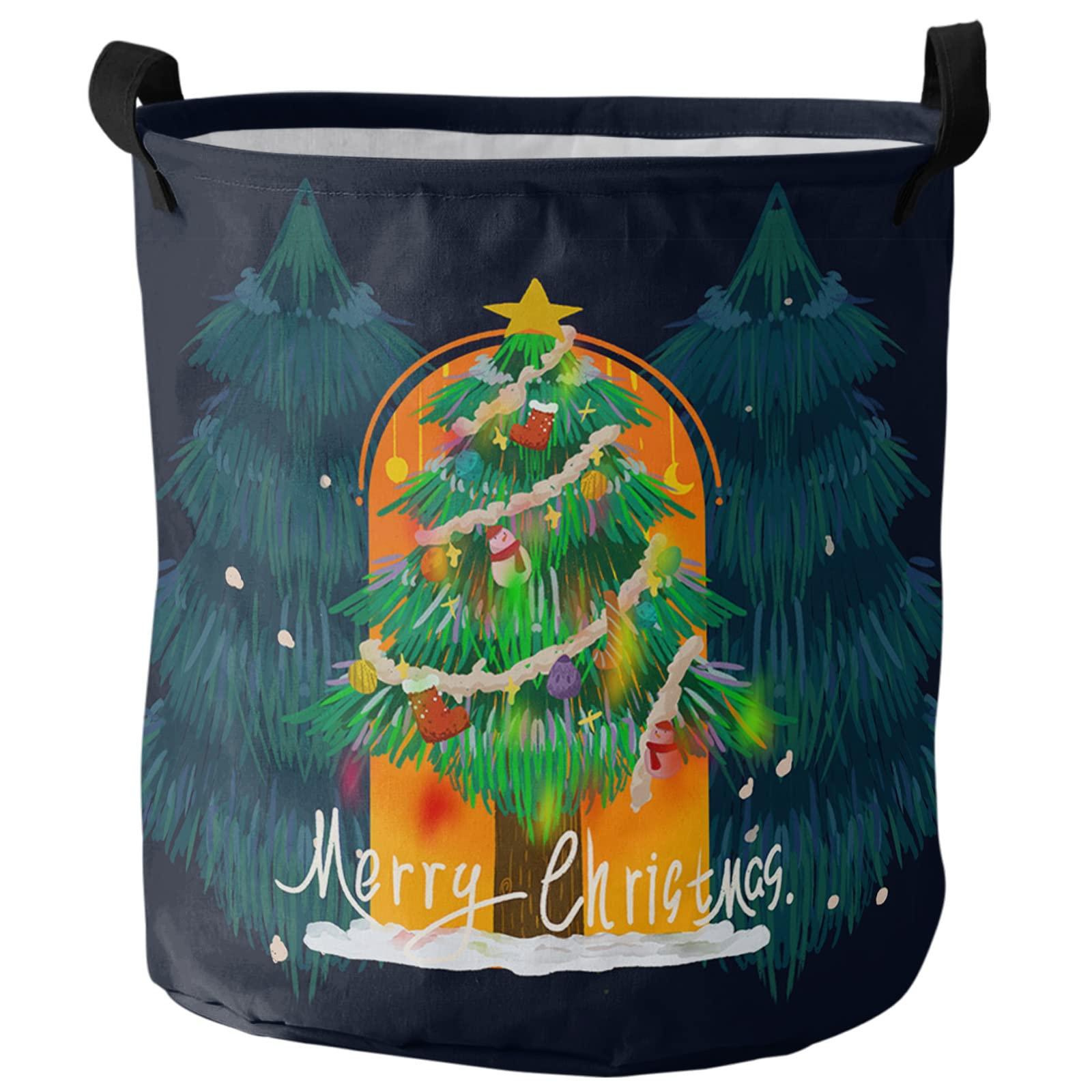 ZOE STORE Merry Christmas Large Laundry Basket, Waterproof Laundry Hamper for Baby Clothes, Green Xmas Tree Orange Lighting Black Foldable Laundry Baskets with Handles, 16.5\'\'x17\'\'