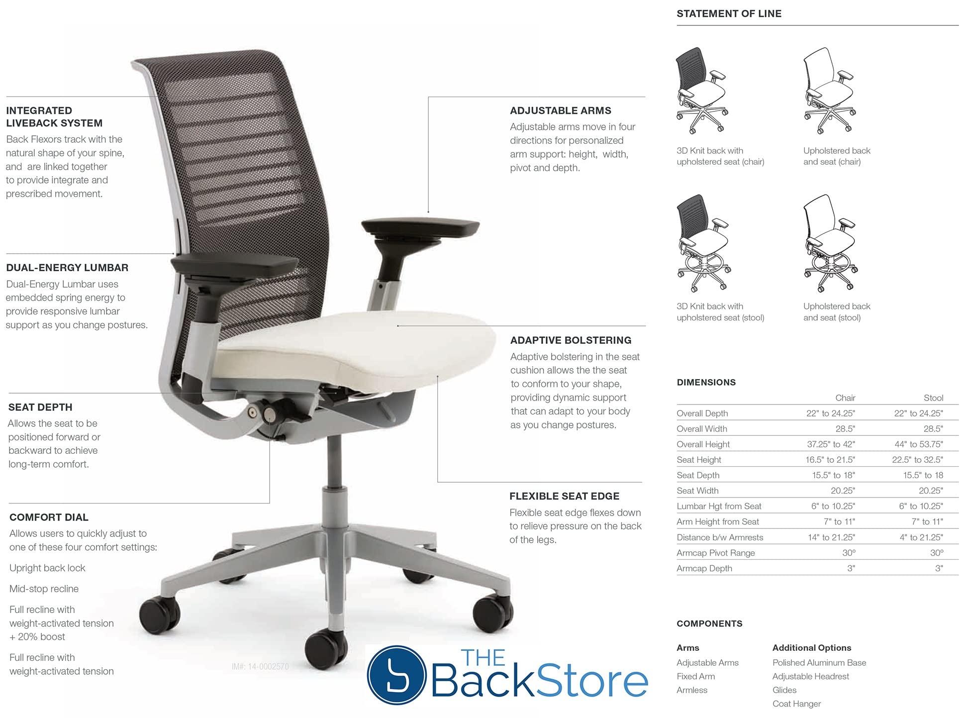 Steelcase Steelcase Think Office Chair - Ergonomic Work Chair - Lumbar Support - 4D Arms - Dark Merle Frame with 3D Knit Back - Peacock Fabric with Wheels for Hard Flooring