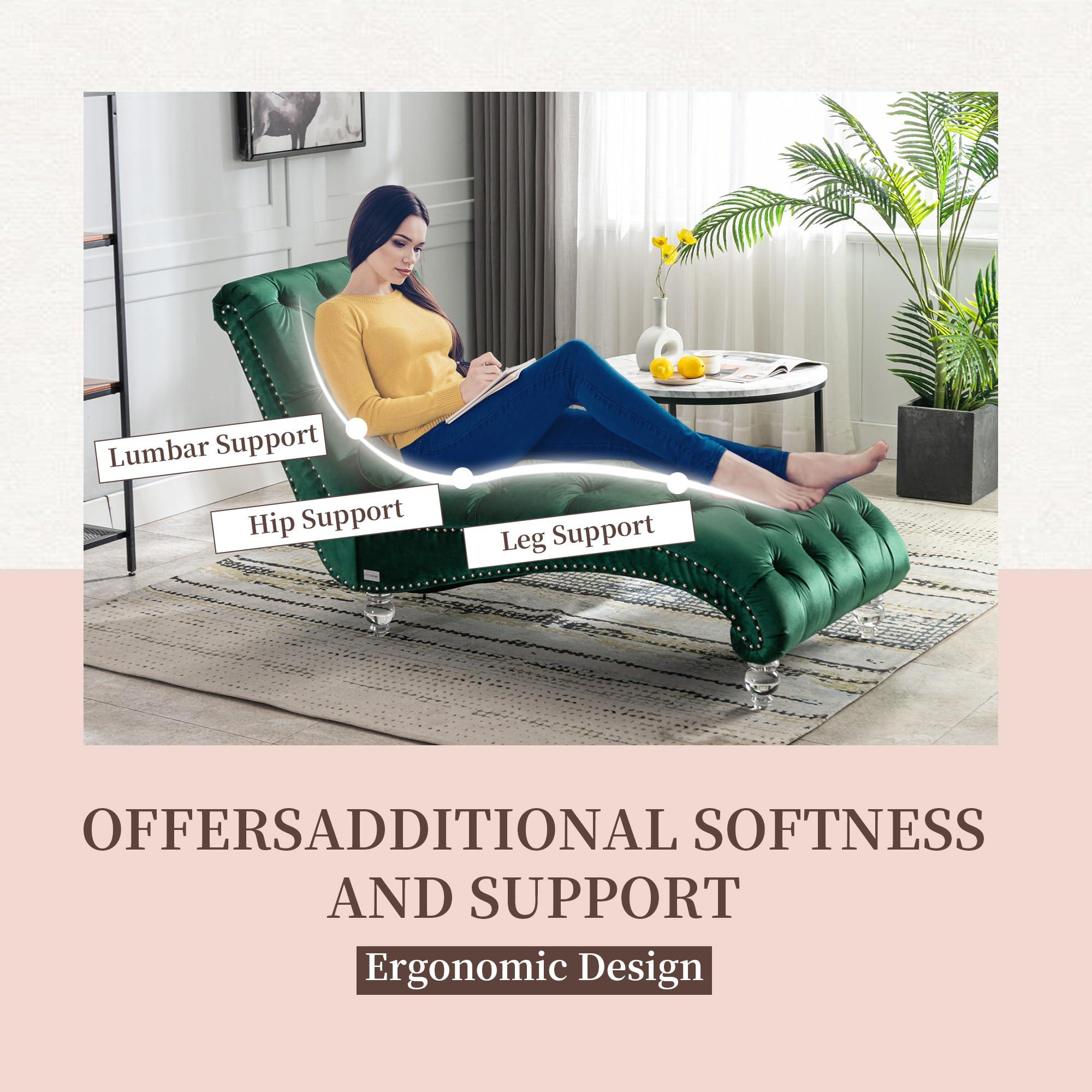 KT Rolster KT Rolster Chaise Lounge Chair Indoor, Small Chaise Lounge, Upholstered Chaise Lounge Chair, Mid Century Modern Velvet Chaise Lounge Chair with Acrylic Legs and Lumbar Pillow for Bedroom Living Room