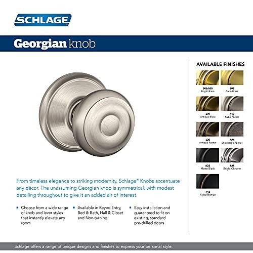 SCHLAGE Schlage F40 GEO 619 CAM Georgian Door Knob with Camelot Trim, Bed & Bath Privacy Lock, Satin Nickel