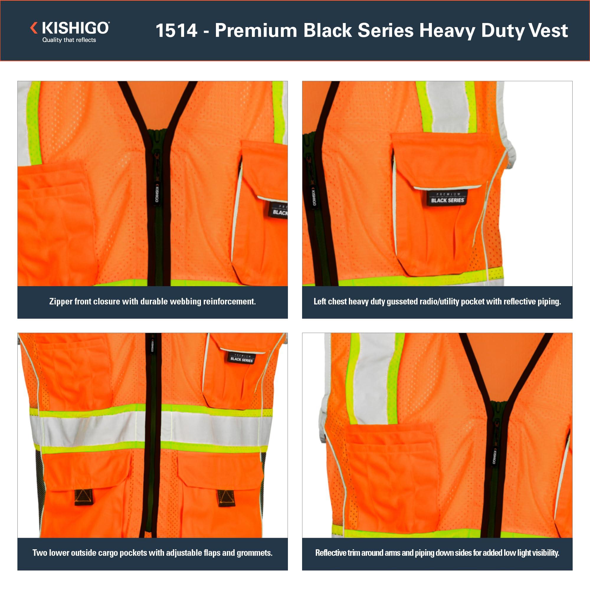Kishigo Kishigo Premium Black Series Heavy Duty Unisex Reflective Safety Vest 1514, ANSI Type R / Class 2 Compliant, 6 Pockets - Pencil & Radio Pockets, Reflective Silver Lining & Black Trim (Orange, M)